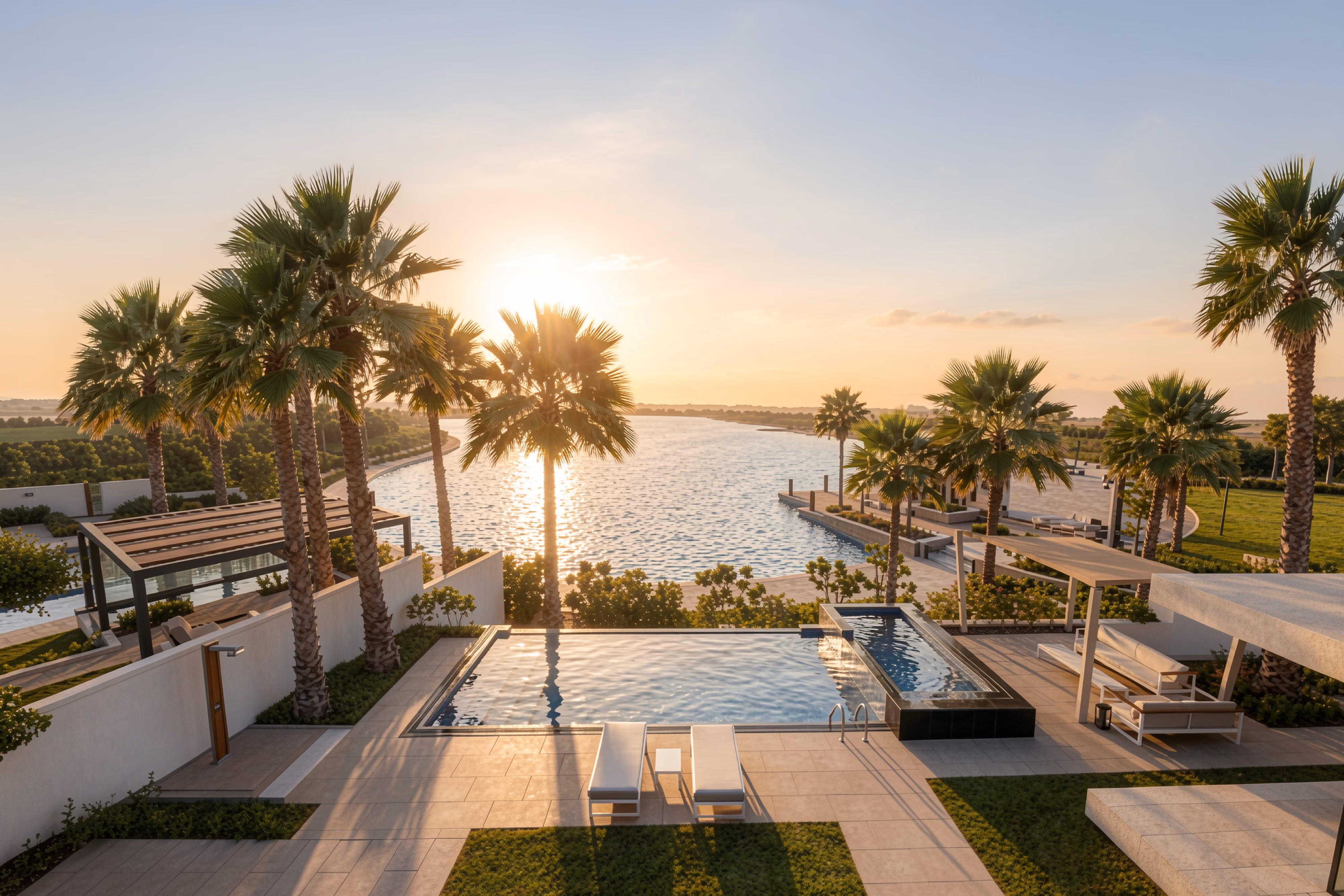 Poolside terrace at Serenity Beach Club in Dubai, infinity pool framed by palm trees overlooking a calm waterway at sunset