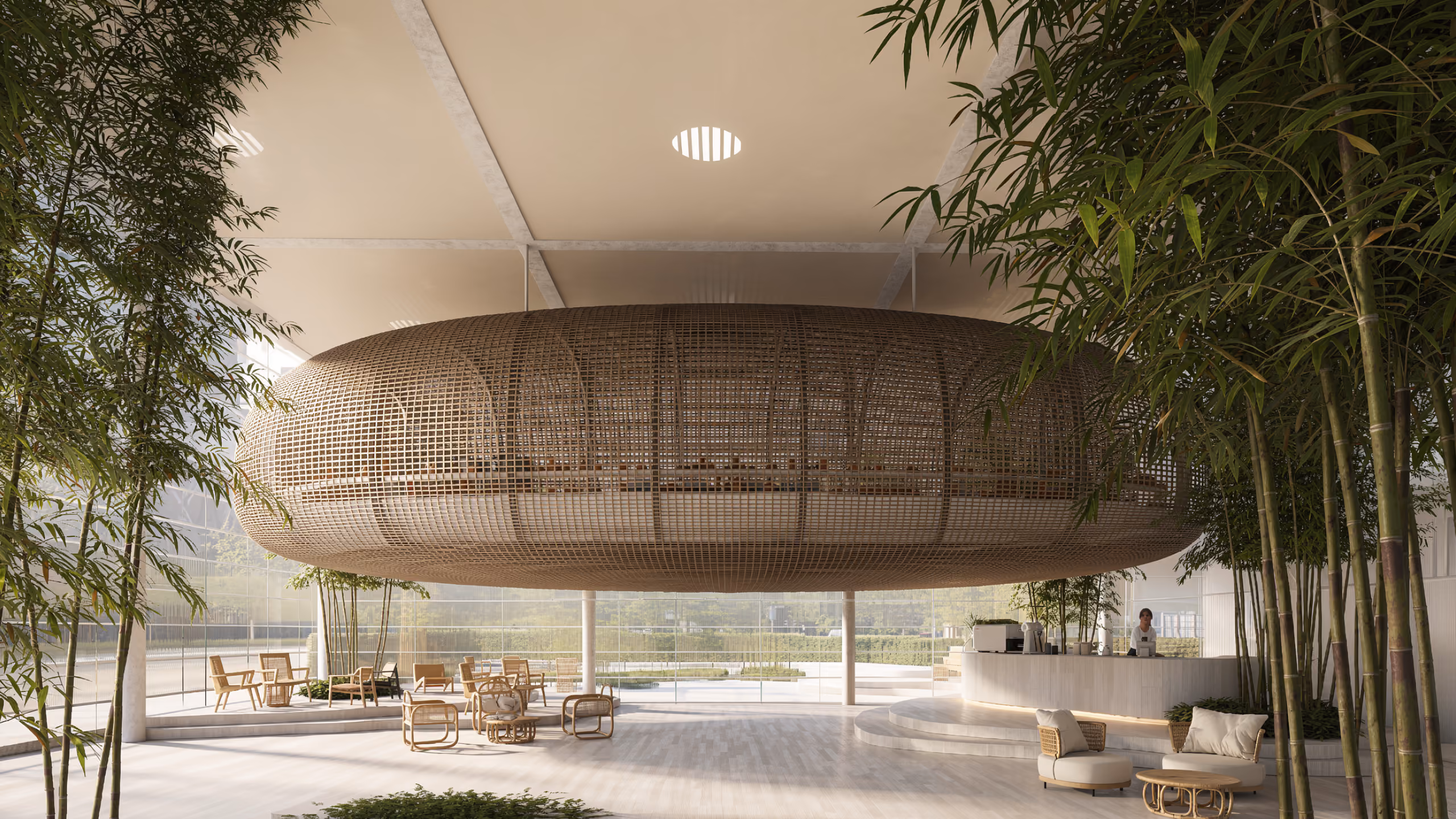Interior of Art Hub in Beirut, a suspended woven pod hovering above a lounge and reception area surrounded by bamboo planting