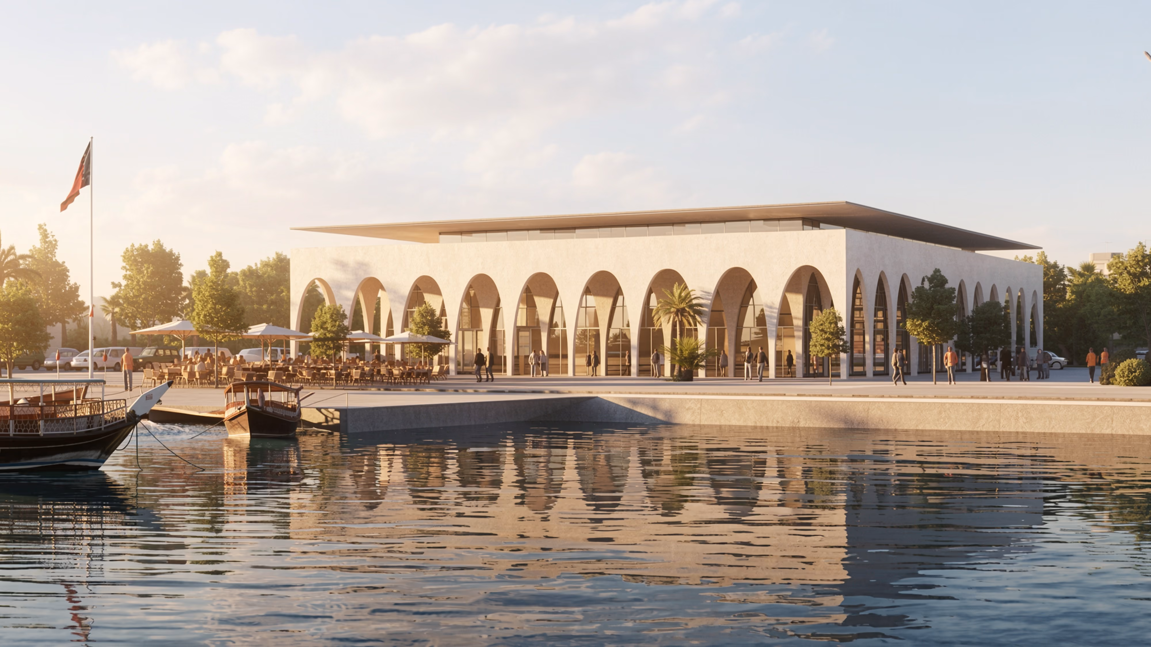 Fish Market by Nabil Gholam Architects, a waterfront pavilion with a double arcade of concrete arches and a floating roof, moored boats reflected in the harbour