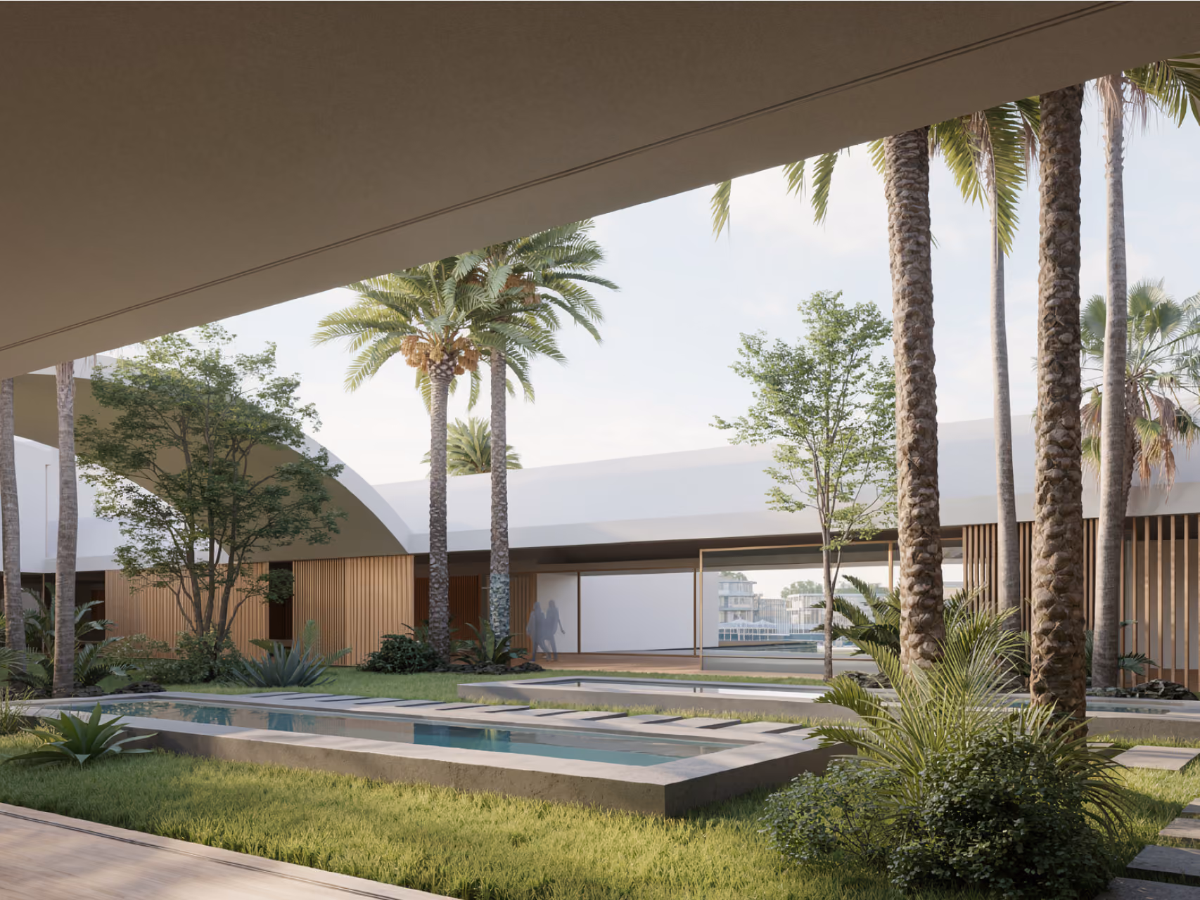 Curved timber-louvred pavilions of Serenity Beach Club in Dubai frame a landscaped pool courtyard lined with tall palm trees