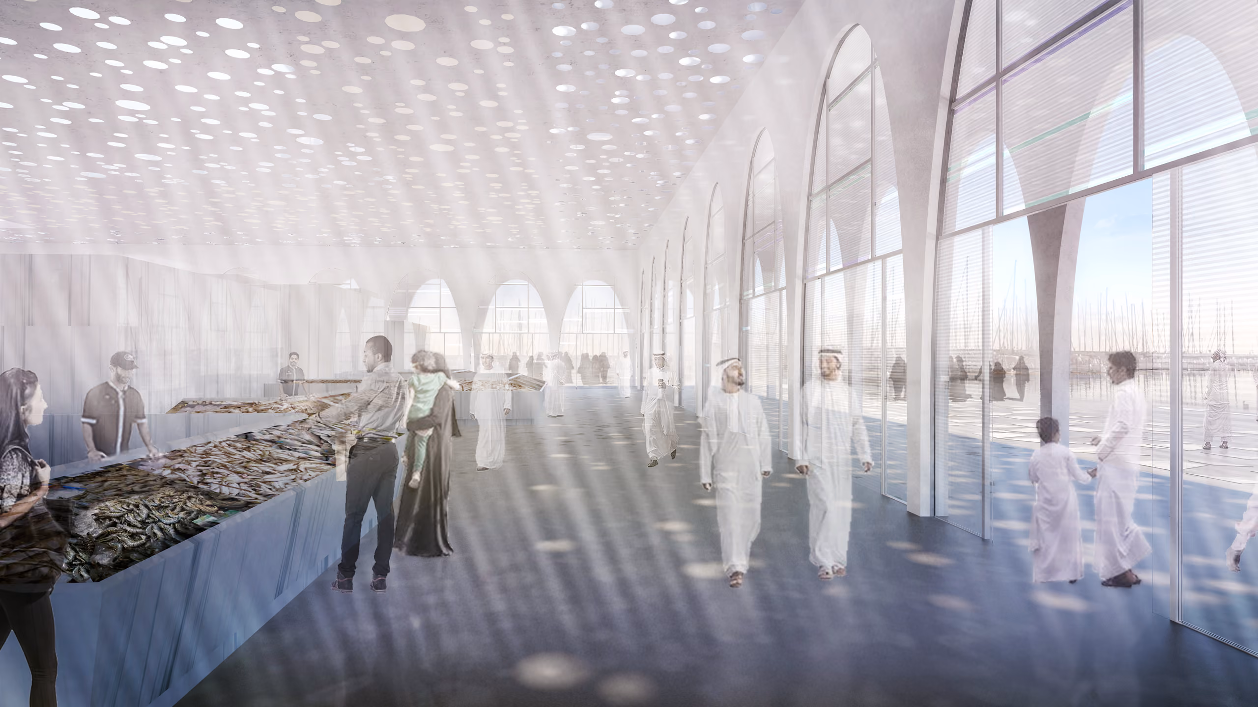 Interior of the Fish Market, shoppers browsing seafood stalls beneath a perforated ceiling and arched glass facade overlooking a marina