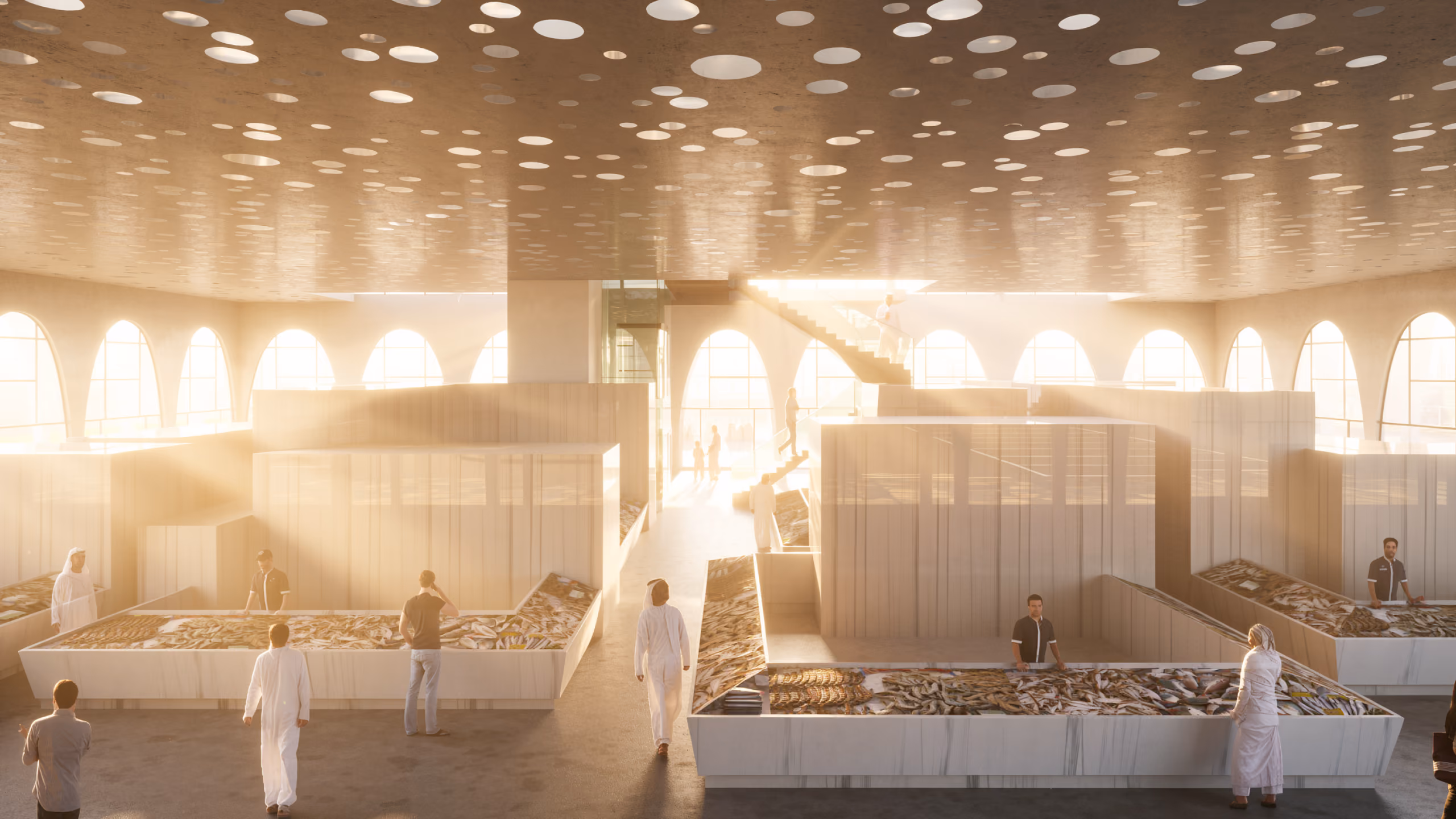 Interior of the Fish Market, marble display counters with fresh catch beneath a perforated ceiling casting dappled light, arched windows lining the hall