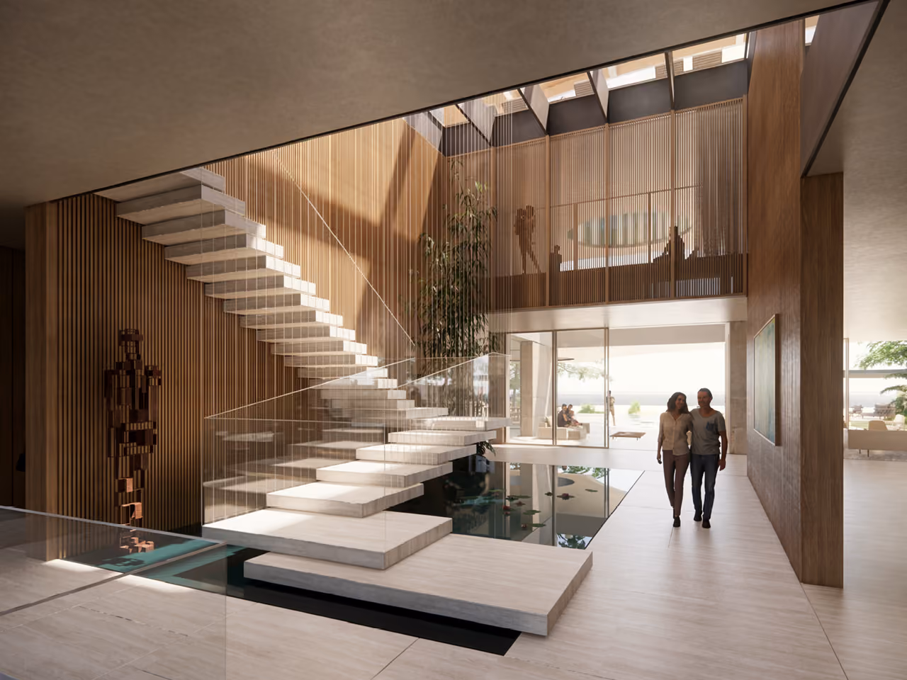 Double-height entrance hall at MV 33 in Dubai, a cantilevered stone staircase floating over a reflecting pool beneath timber-slatted walls