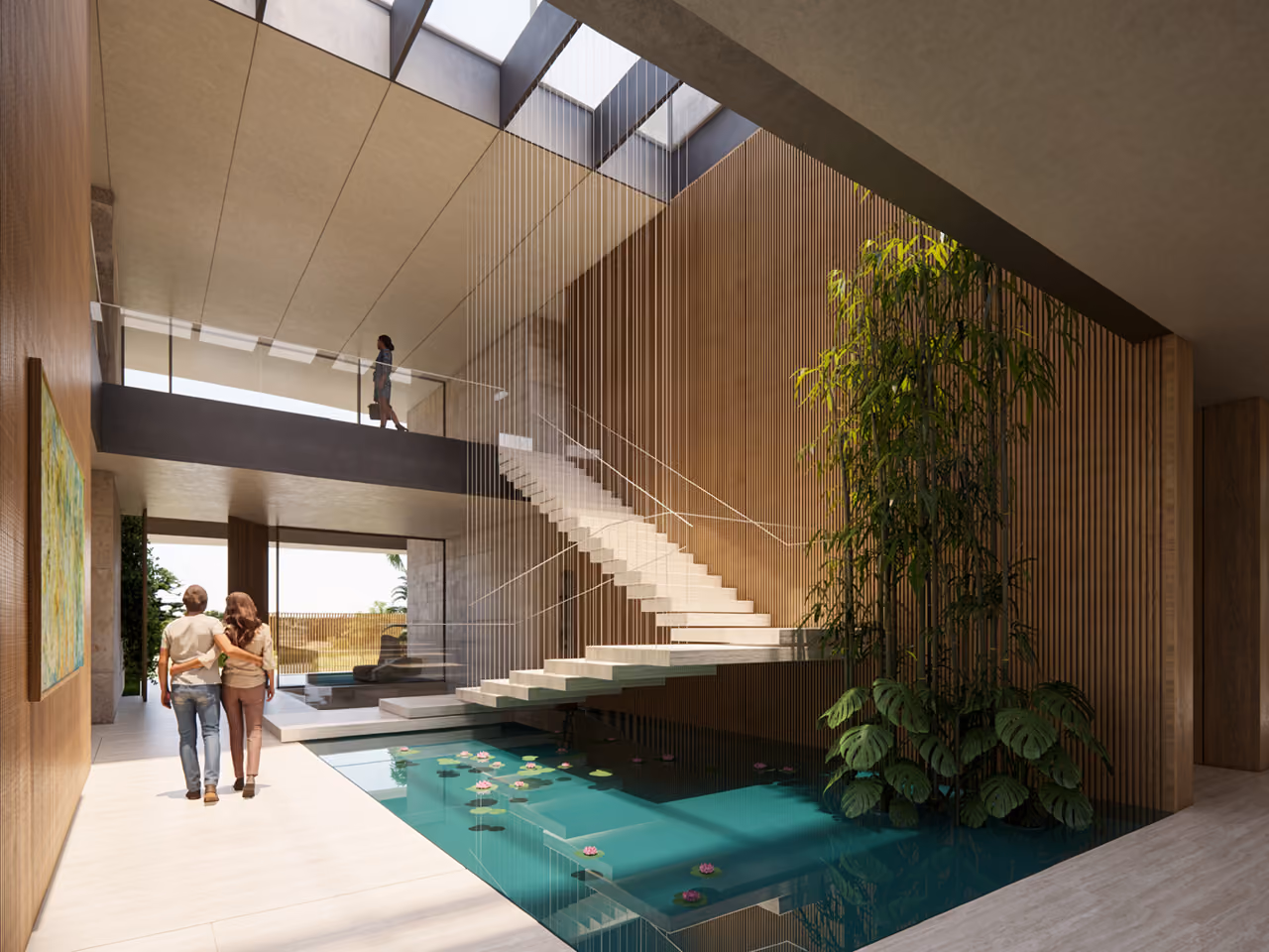 Interior atrium of MV 33 in Dubai, a floating staircase with wire balustrades rising beside a lily pond and bamboo screen, timber-clad walls throughout