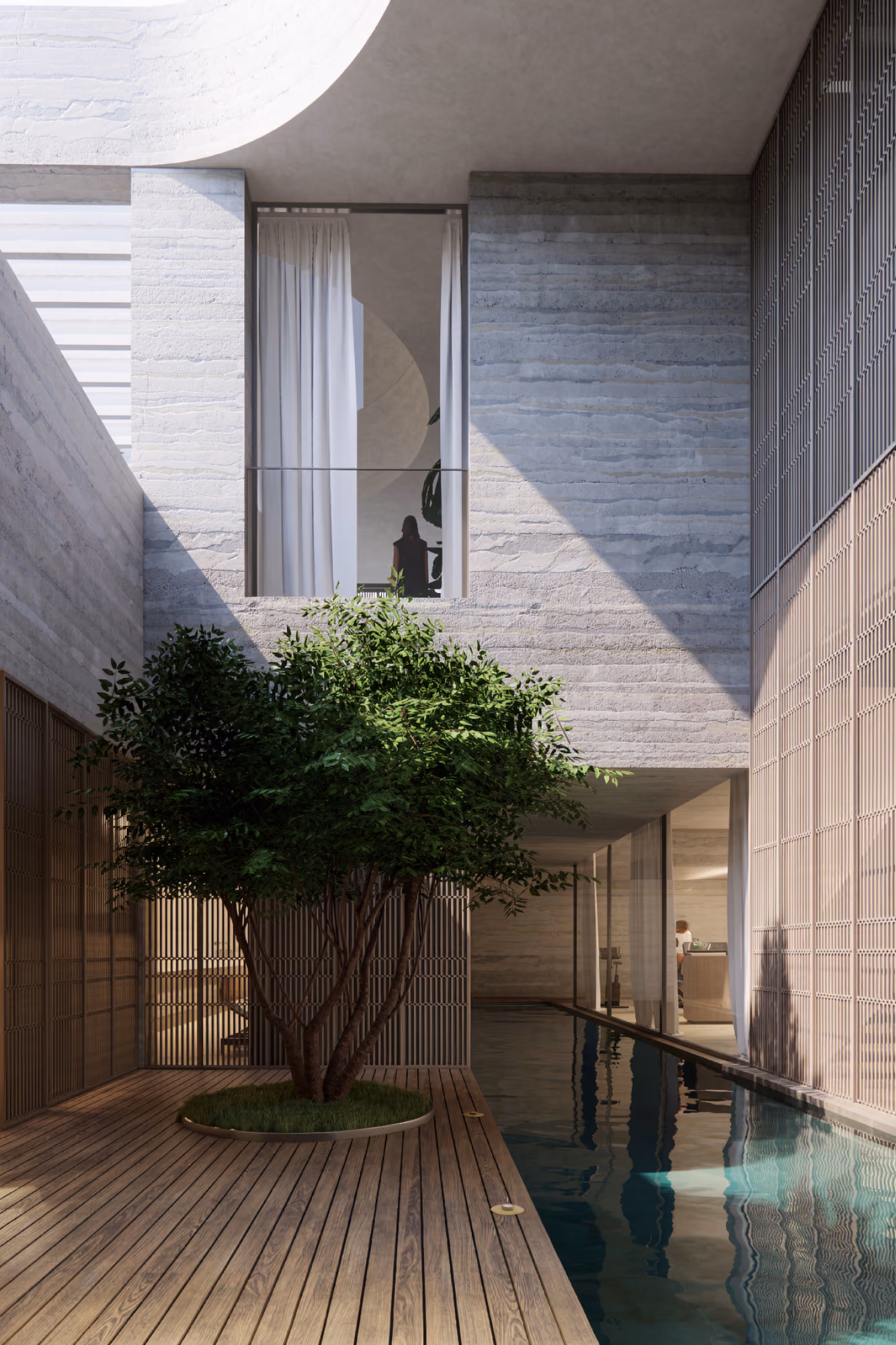 Courtyard at Nautile villa in Dubai, a tree beside a lap pool between board-formed concrete walls and perforated metal screens