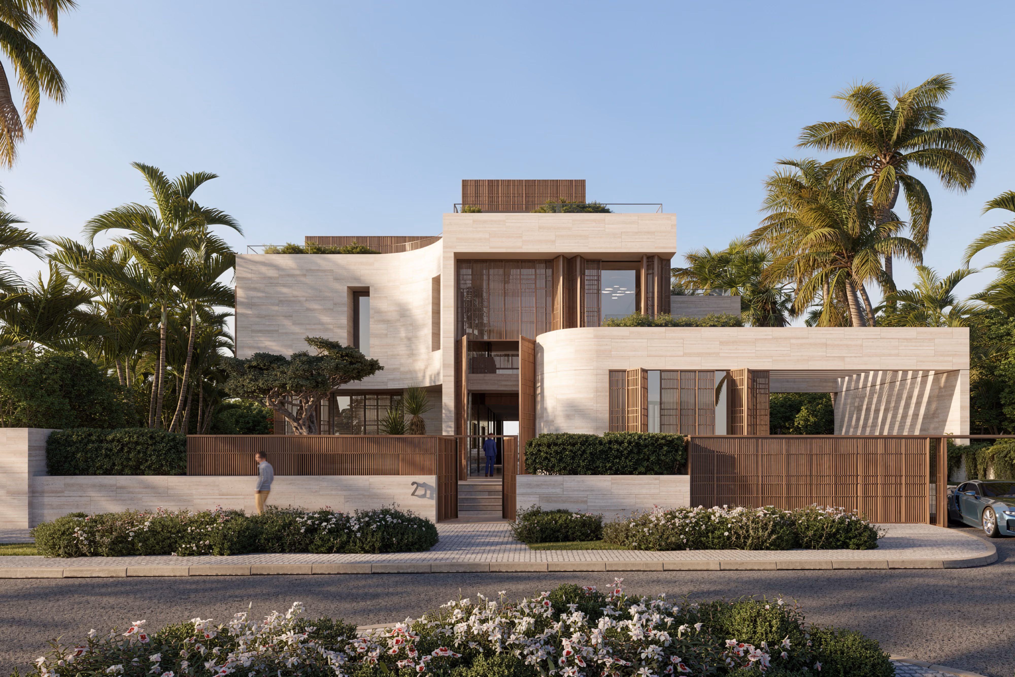 Nautile villa by Nabil Gholam Architects in Dubai, United Arab Emirates, curved stone facade with timber screens amid palm trees and lush landscaping