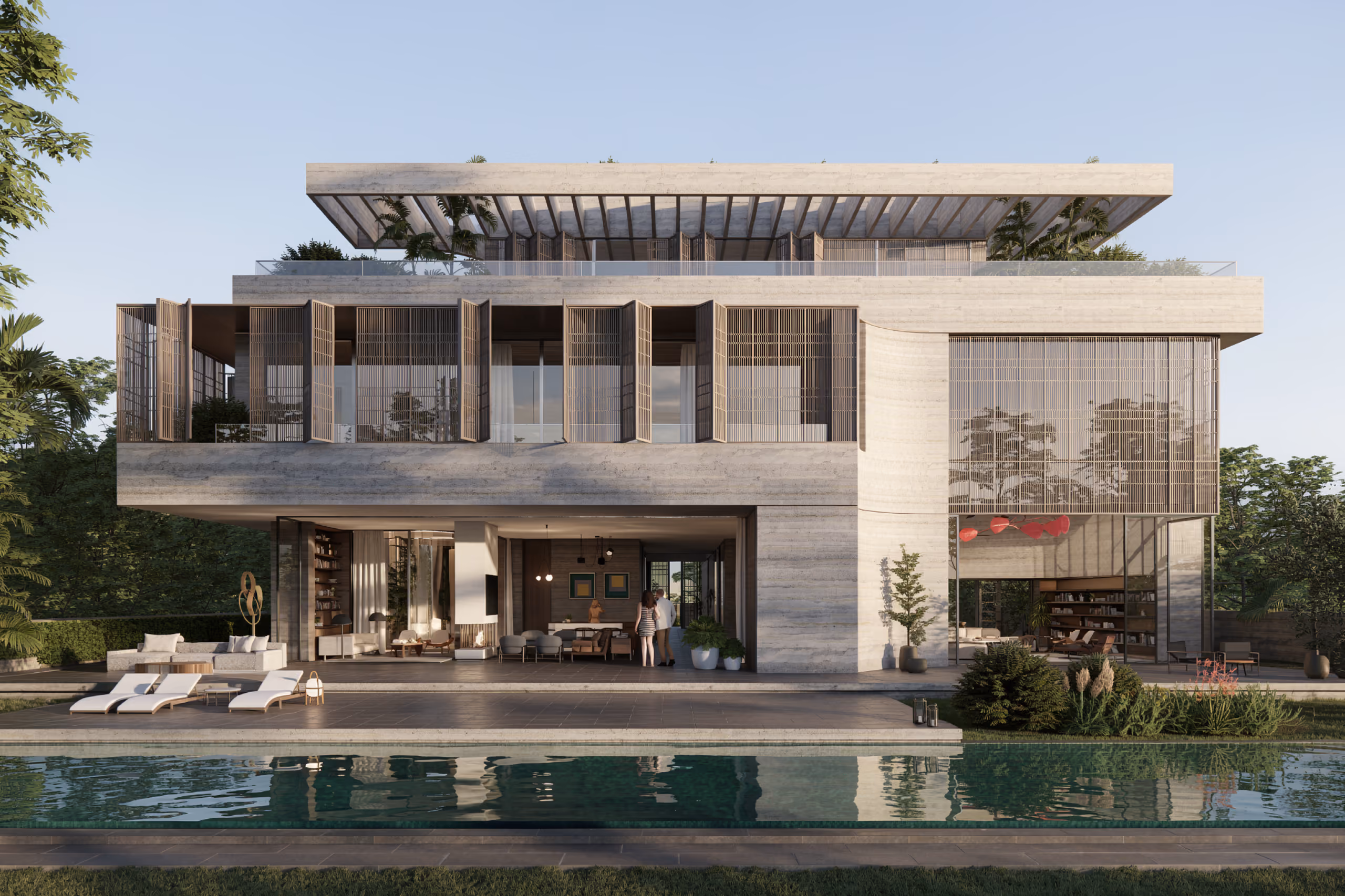 Nautile villa in Dubai, layered stone facade with timber louvred screens, open ground floor living spaces and a reflecting pool in the foreground