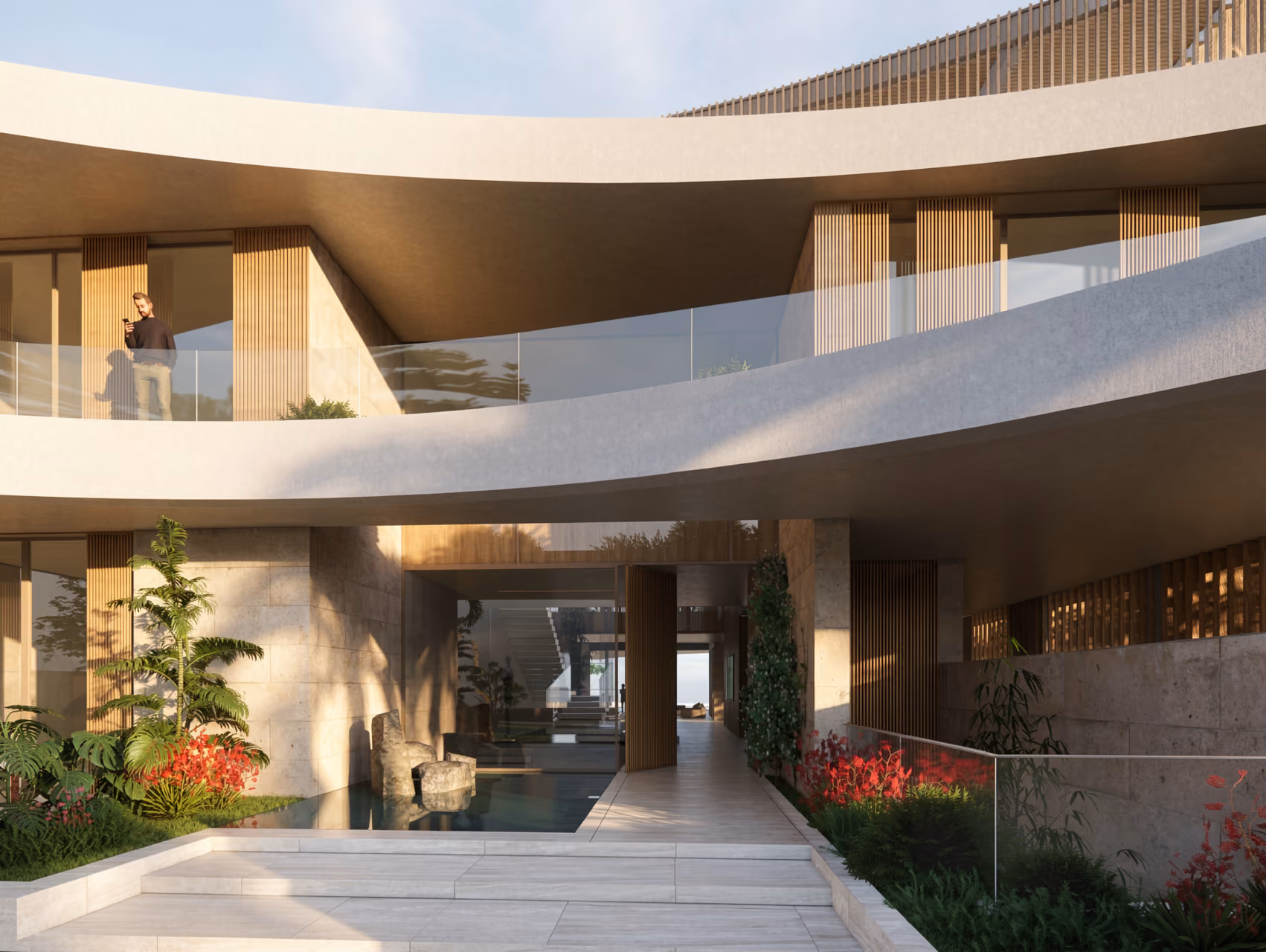 Entrance walkway at MV 33 in Dubai, curved timber-slatted balconies above a stone-paved path lined with reflecting pools and red-flowered planting