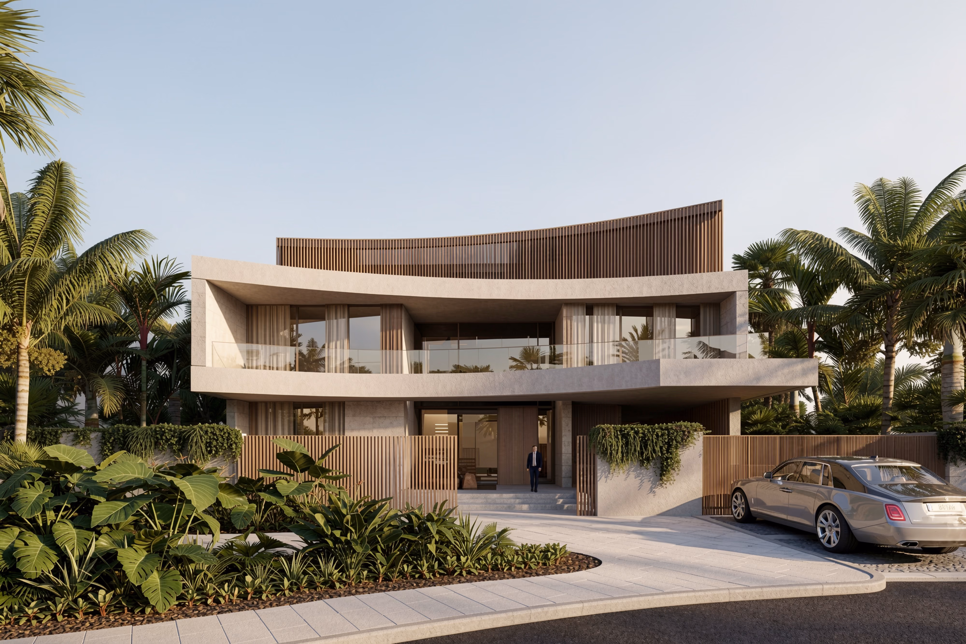 MV 33, a curved waterfront villa by Nabil Gholam Architects with timber screens and cantilevered terraces, set among palm trees in Dubai, United Arab Emirates