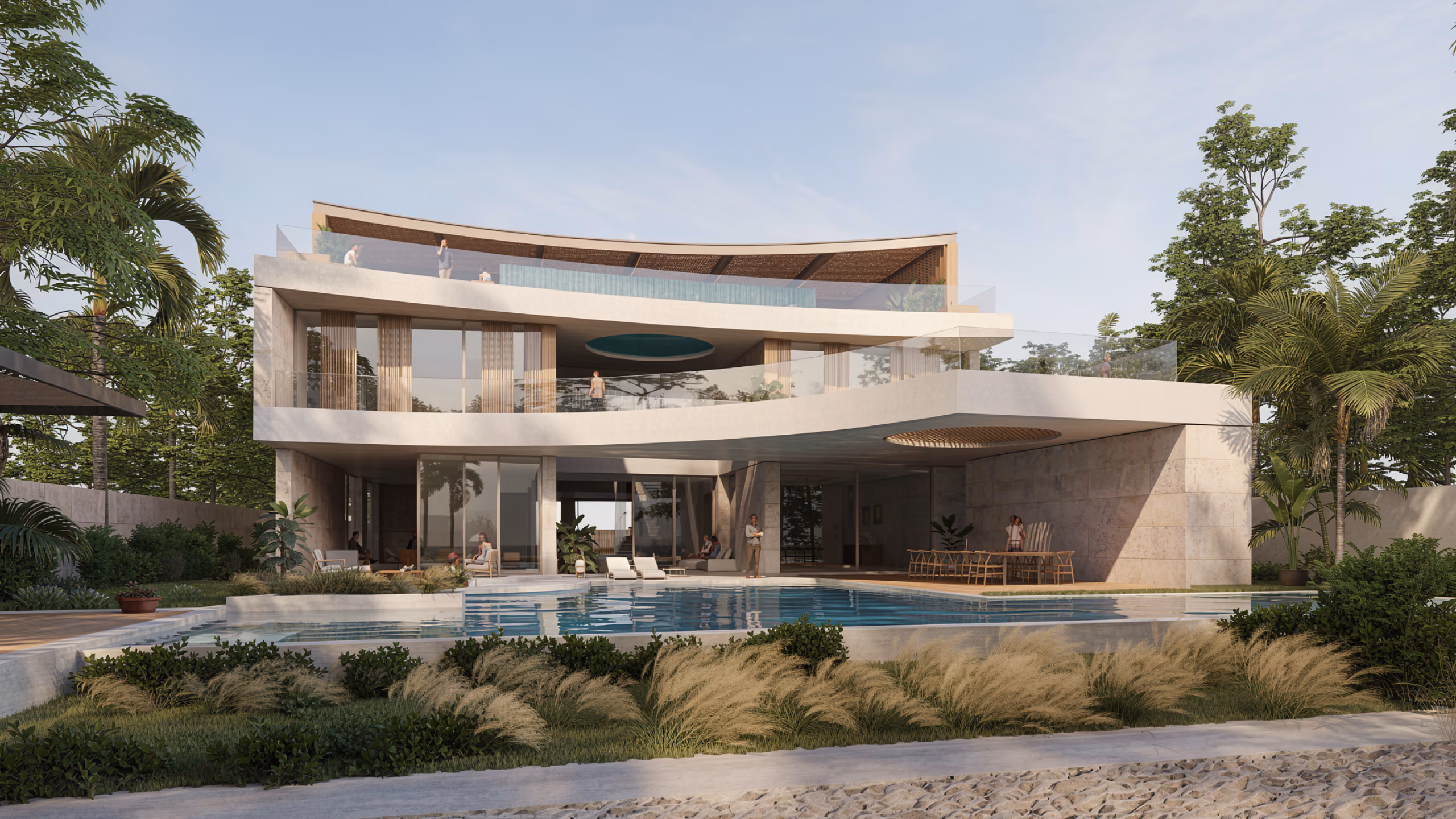 Rear view of MV 33 in Dubai, a curved multi-storey villa with cantilevered terraces overlooking a pool terrace framed by palm trees and coastal planting