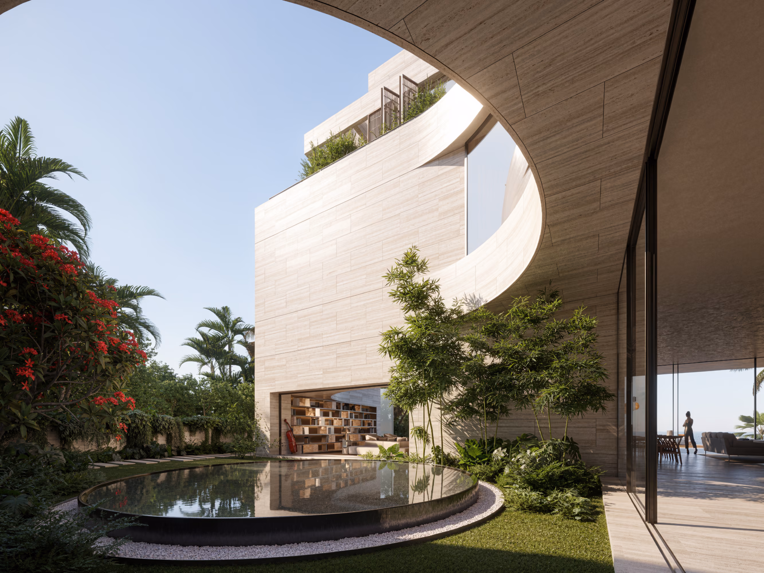 Curved travertine facade of Nautile villa in Dubai, wrapping a circular reflecting pool and lush garden, with the interior library visible through an open ground-floor opening