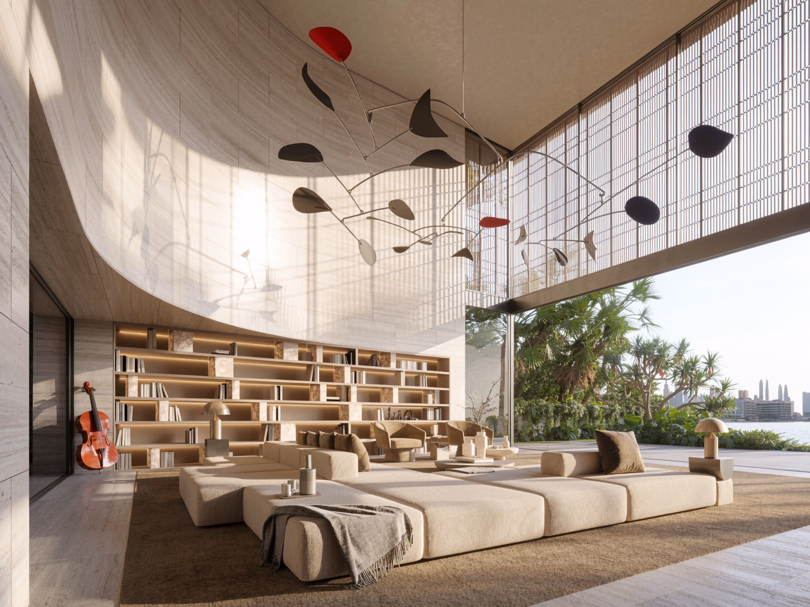 Living area of Nautile villa in Dubai, curved stone ceiling, mobile sculpture, built-in bookshelves and low sofas opening onto palm trees and the waterfront