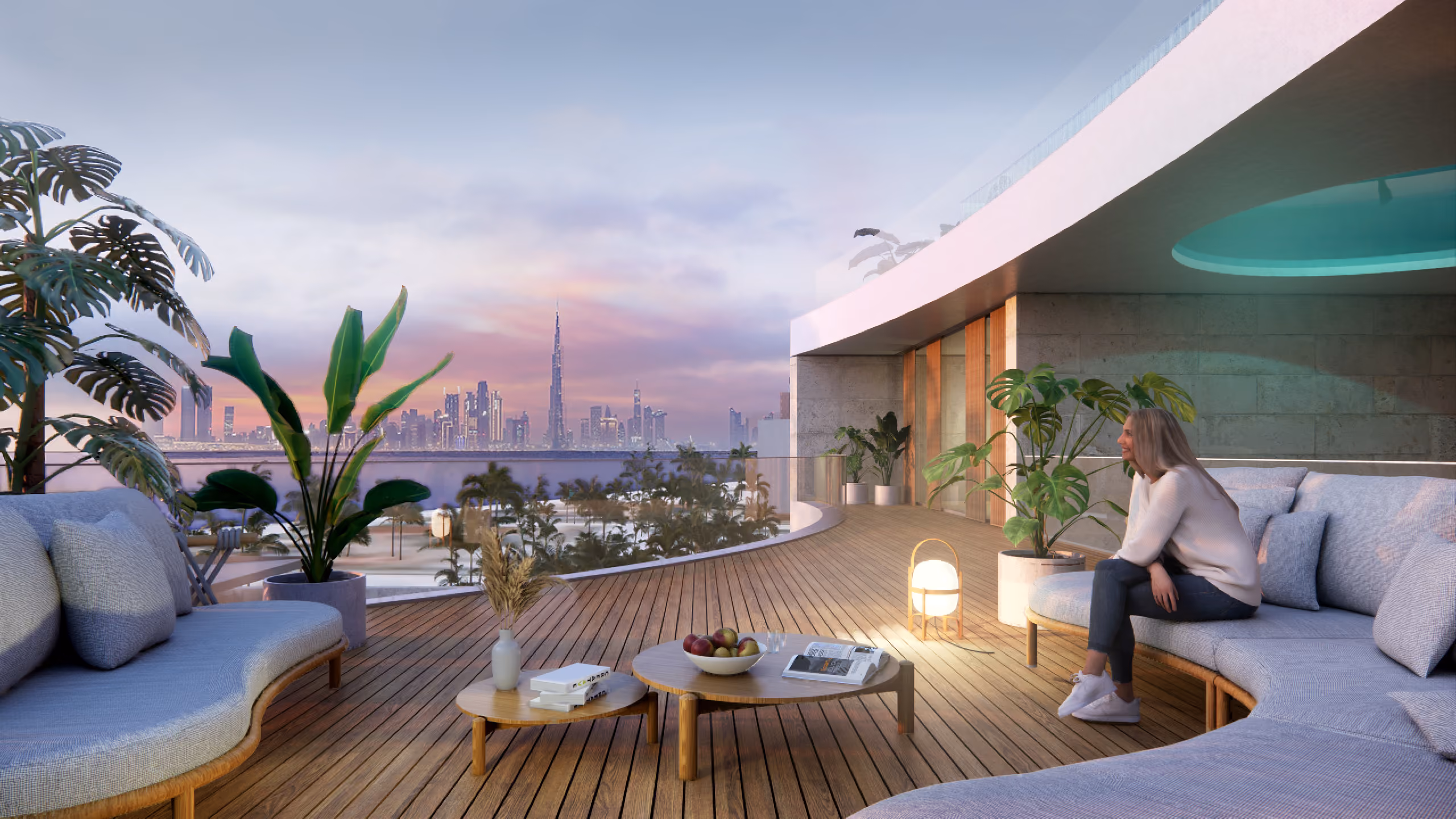 Curved wooden terrace of MV 33 in Dubai, seating and potted plants with a woman relaxing as the skyline glows at sunset