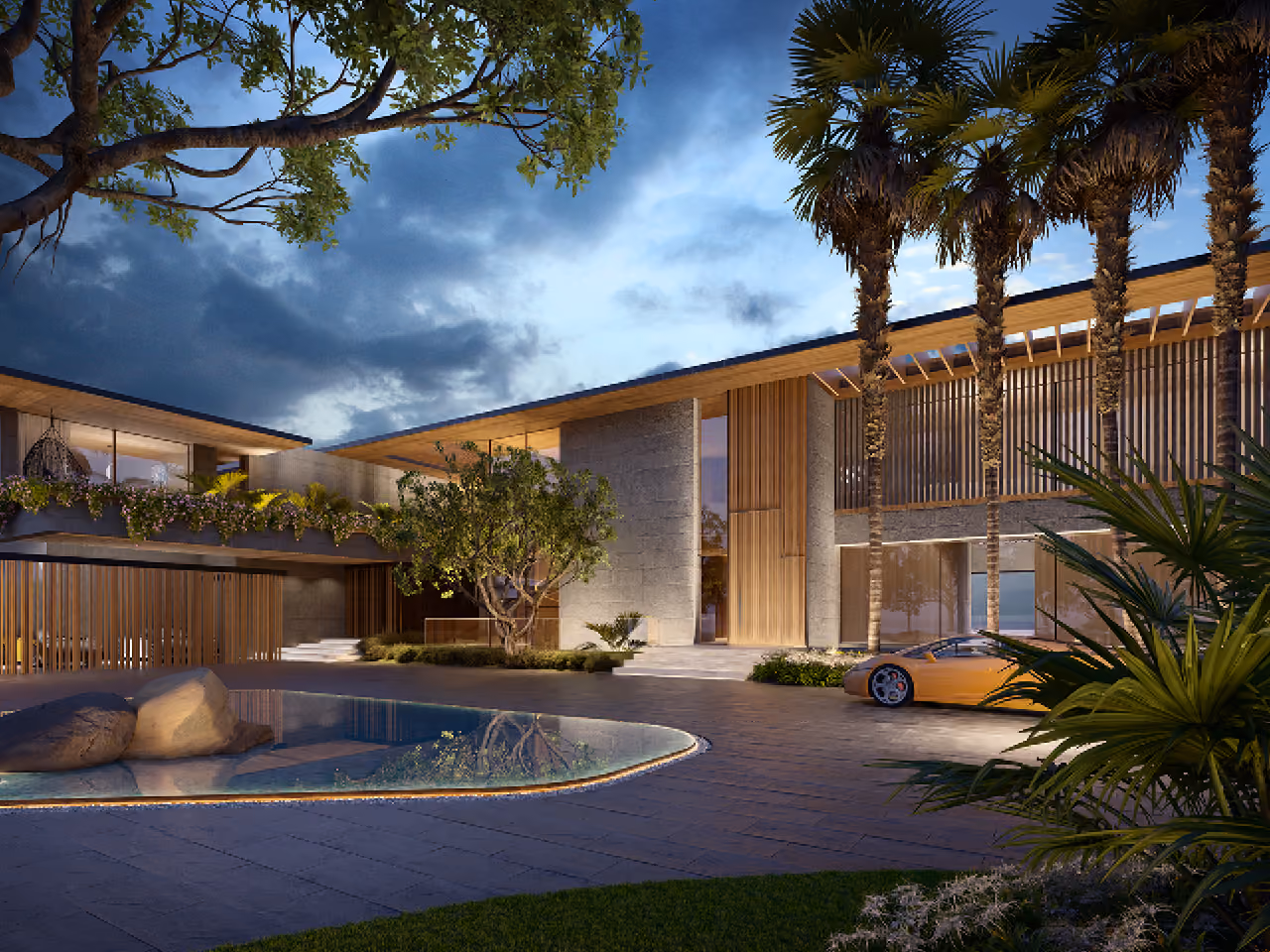 Evening view of Lagoon Mansion in Dubai, stone and timber-clad volumes with cantilevered roof, palm trees, a curved pool and a sports car in the courtyard