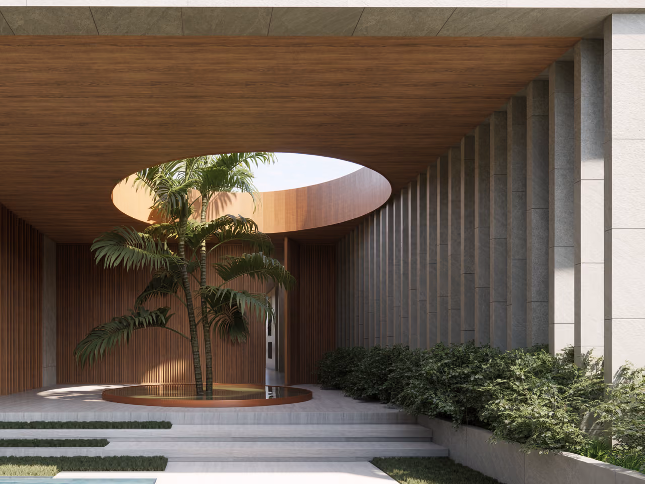 Entrance courtyard of Lagoon Mansion in Dubai, a palm tree in a circular pool beneath an oval skylight cut into a timber-clad canopy, with fluted stone columns alongside