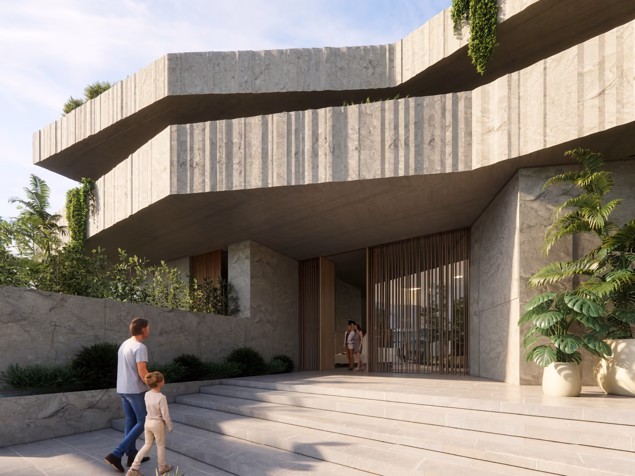 Entrance of Geode villa in Dubai, ridged stone-clad volumes cantilevering over a timber-slatted doorway, visitors approaching up wide stone steps