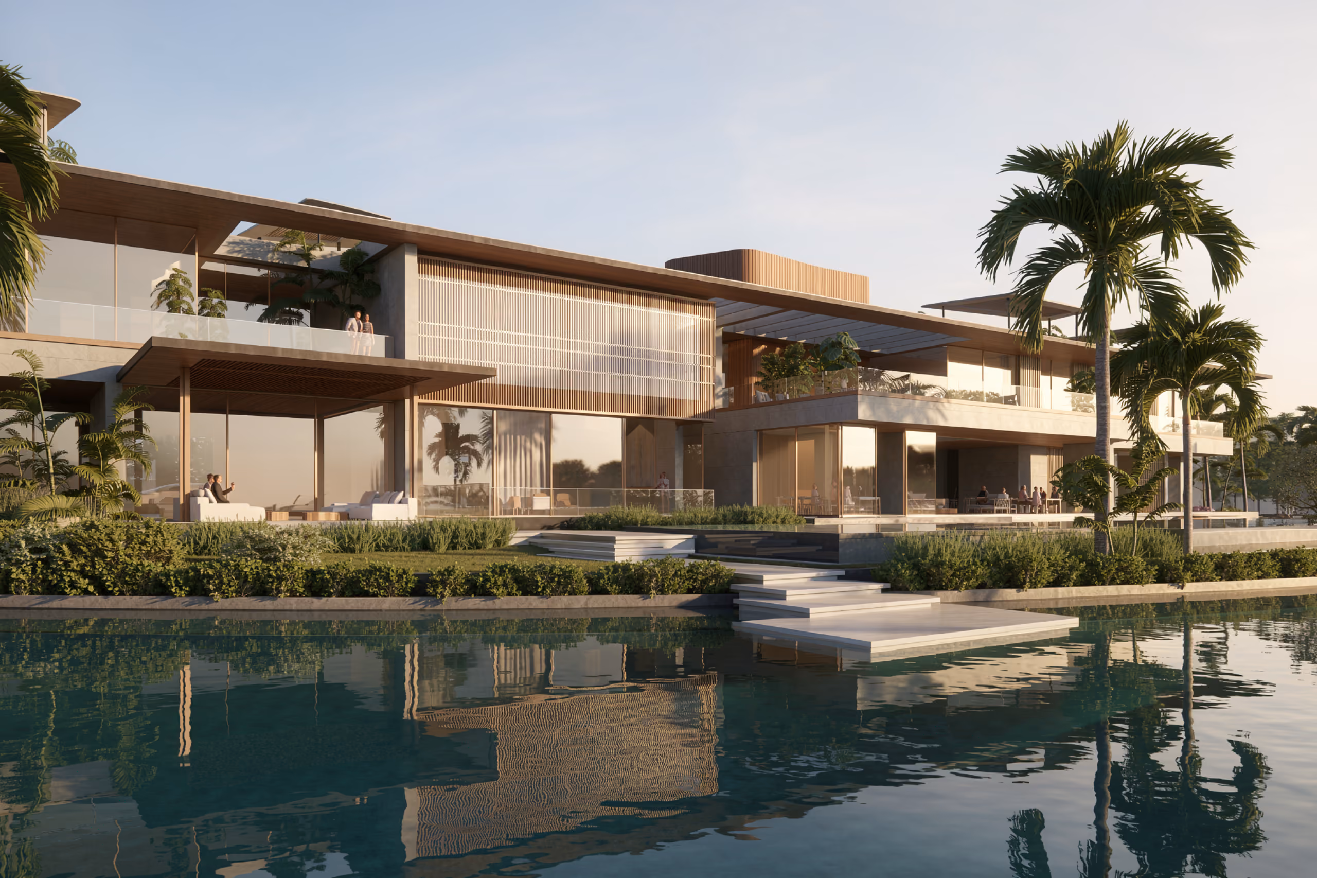 Lagoon Mansion in Dubai, timber-slatted two-storey villa with shaded terraces and palm trees, reflected in a still lagoon at dusk