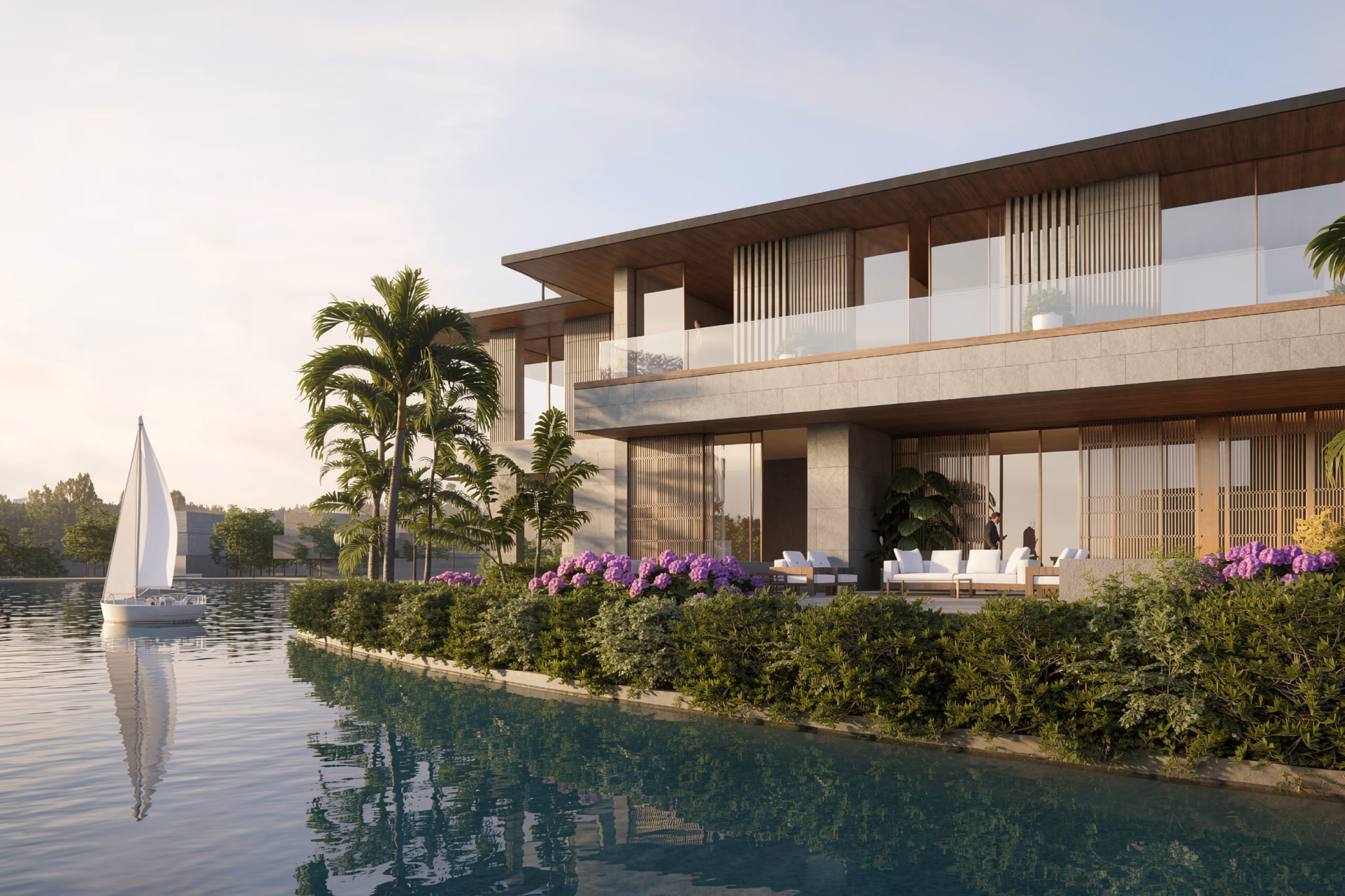 Lagoon Mansion in Dubai, waterfront facade with timber screens and stone cladding, lush planting and a sailboat on the lagoon