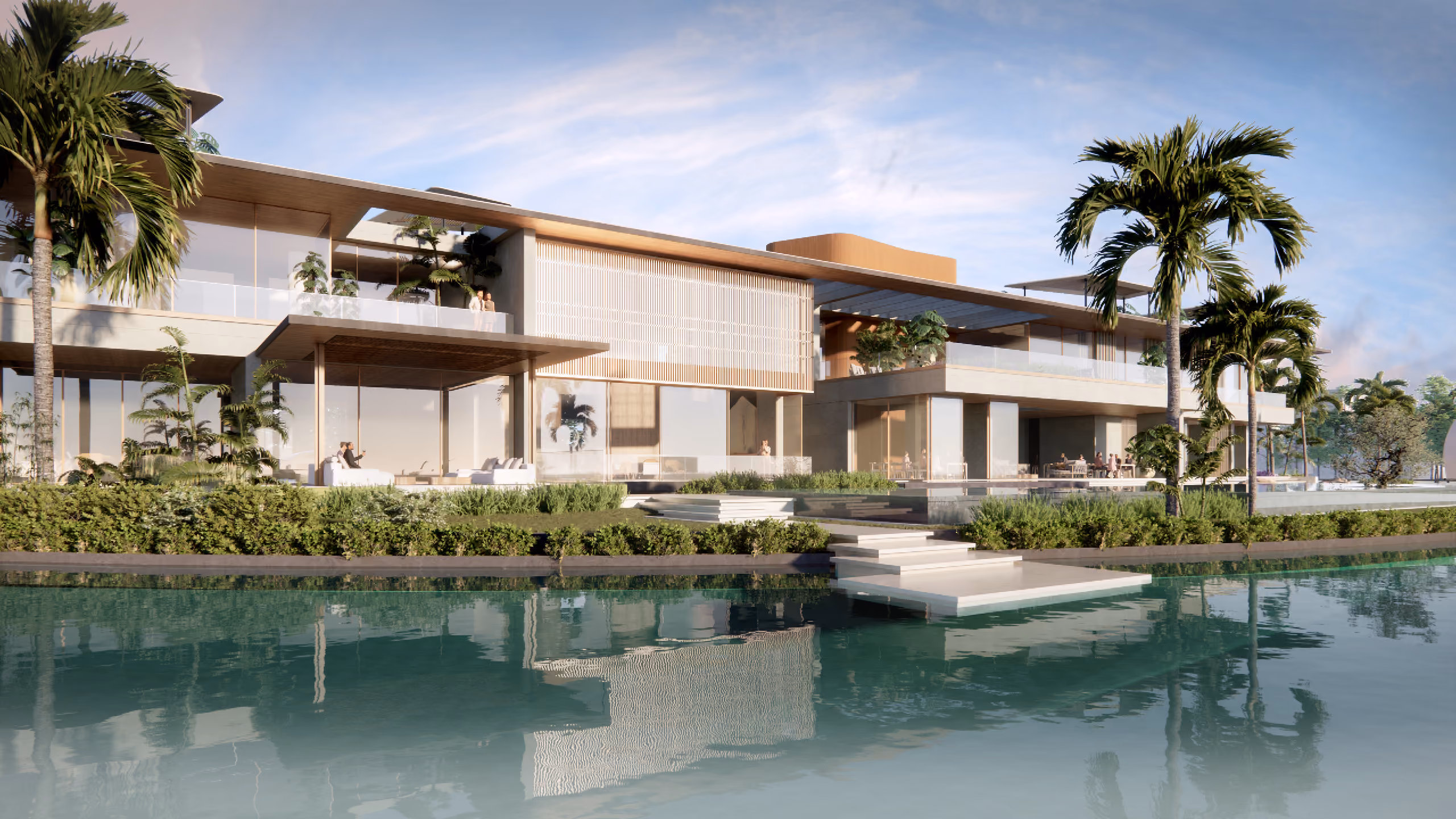 Lagoon Mansion in Dubai, two-storey waterfront villa with timber slatted screens and shaded terraces, palm trees and steps leading down to the lagoon