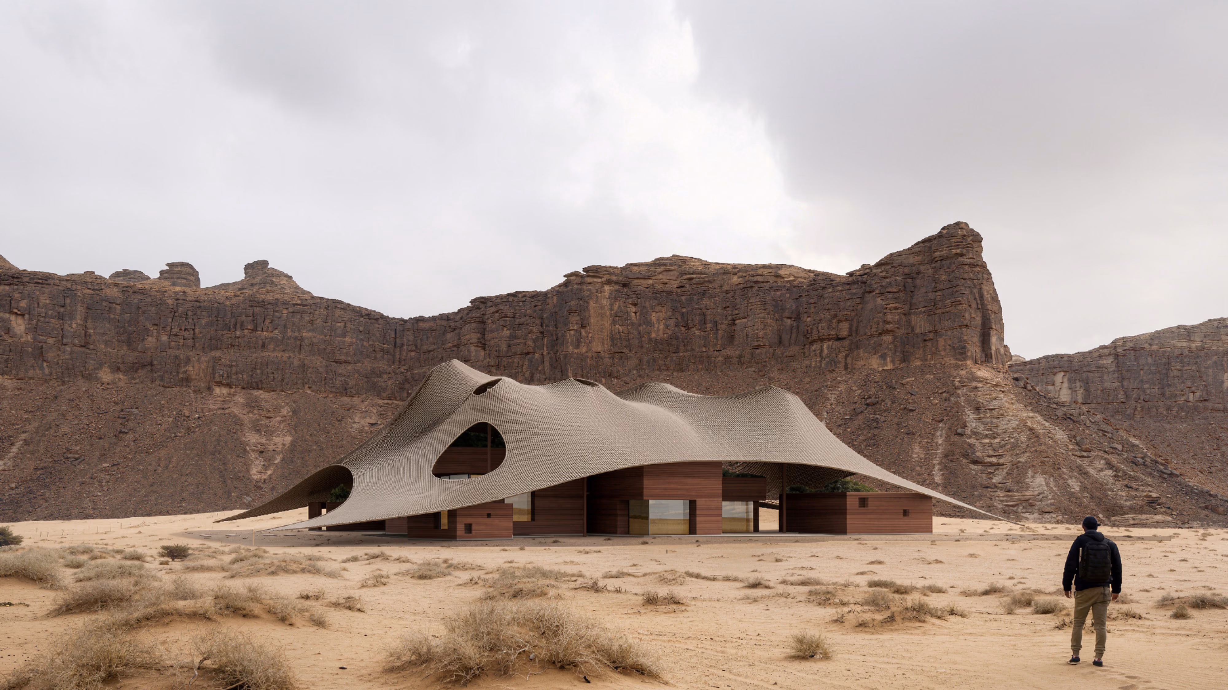 Buyut, a residential project by Nabil Gholam Architects with a wave-like perforated canopy over timber-clad volumes, set among sandstone cliffs in Al Ula, Saudi Arabia