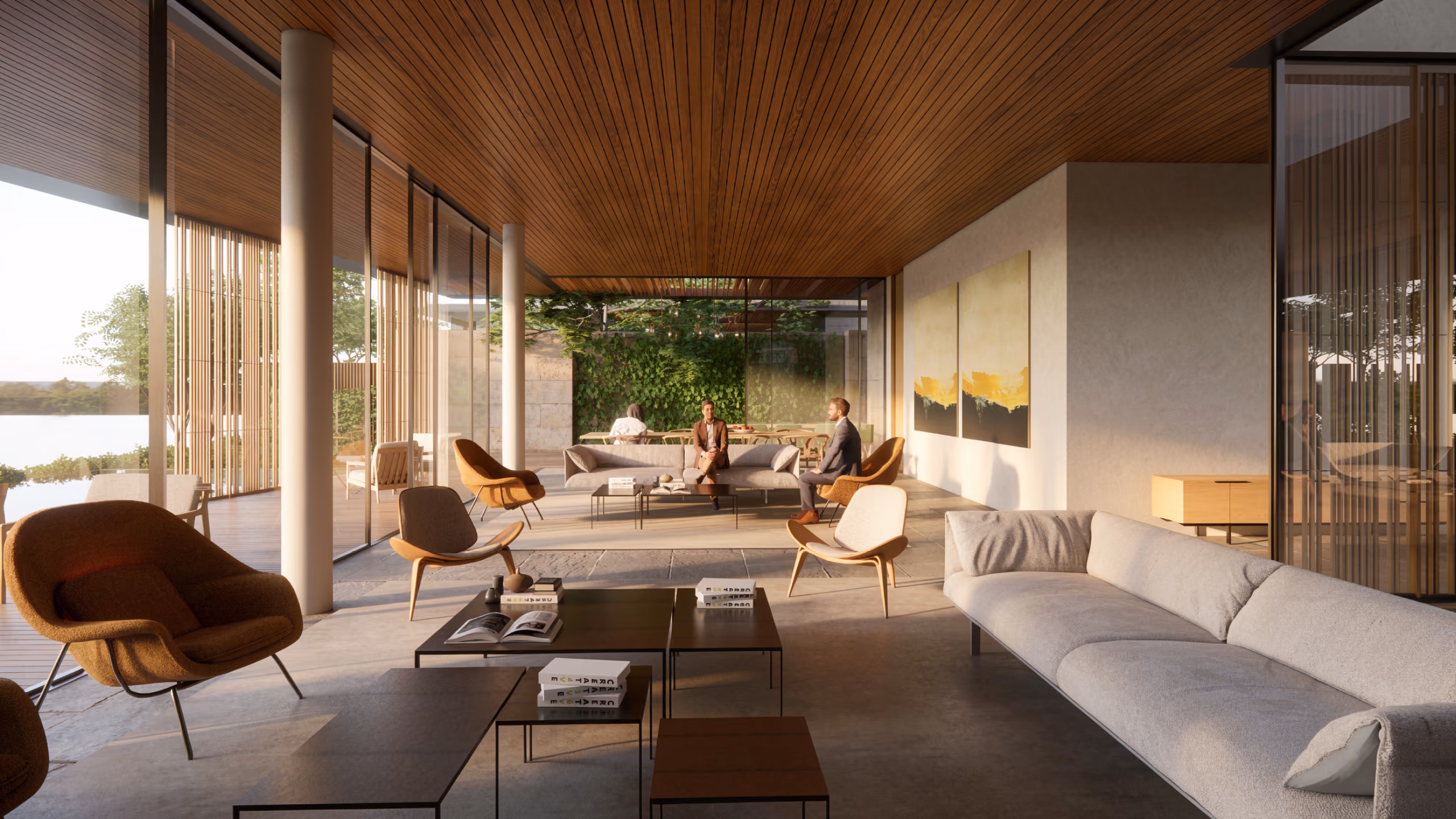 Open-plan lounge in a Beach Club Villas residence in Dubai, wood-slat ceiling, timber columns and glazed walls opening to a shaded terrace by the lagoon