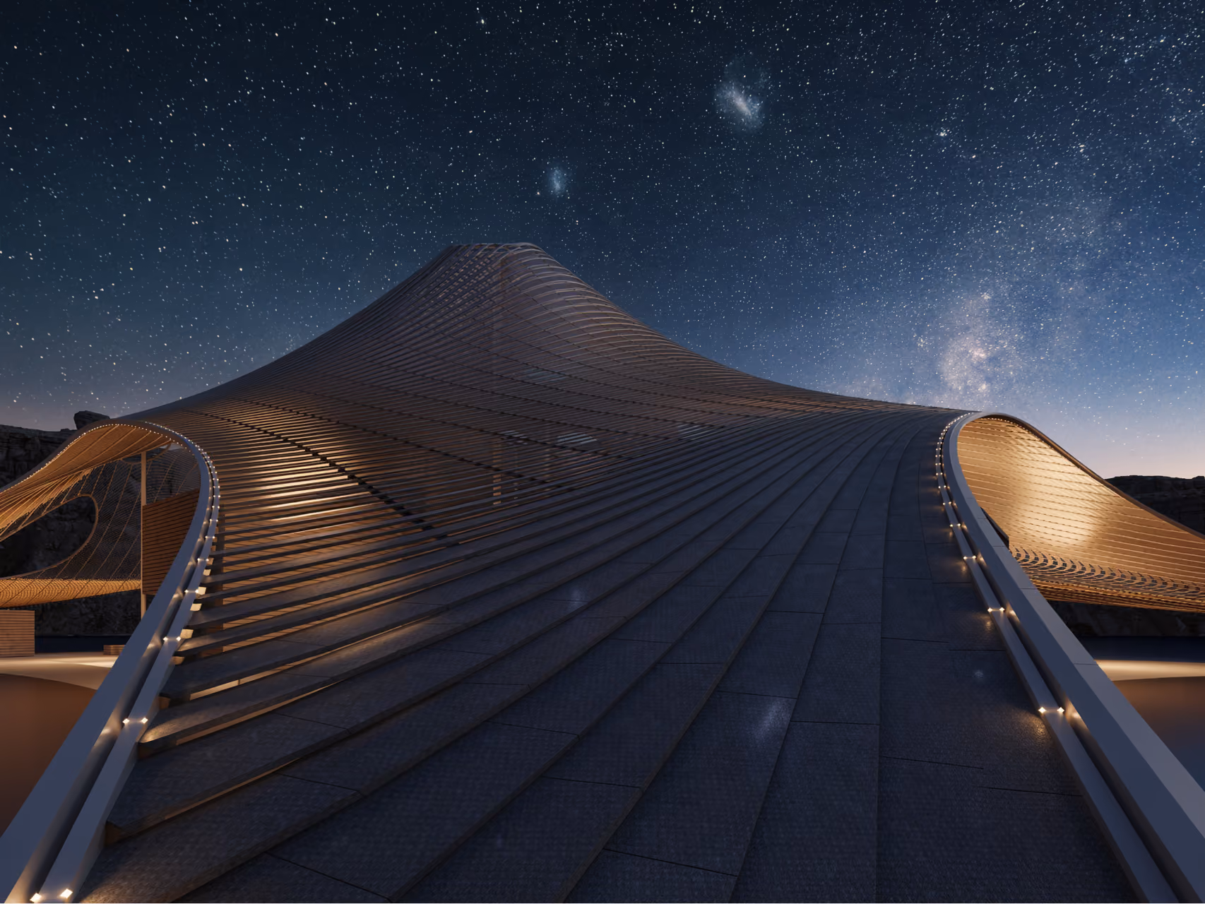 Buyut in Al Ula, a stepped stone pathway rising toward a dune-like woven structure, illuminated at night beneath a starry sky