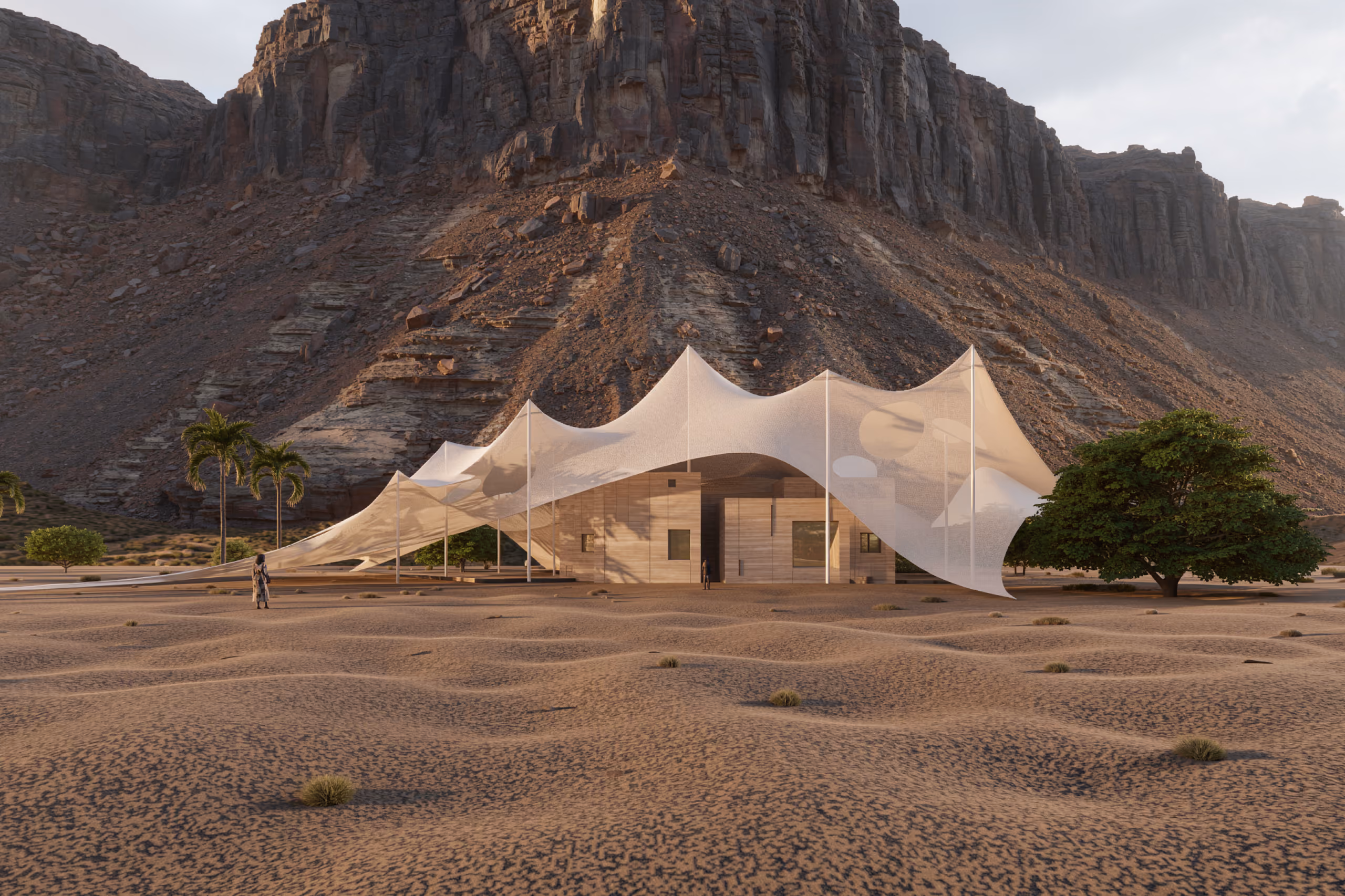 Buyut in Al Ula, a wood-clad dwelling shaded by a billowing tensile canopy, set against desert dunes and towering rock cliffs