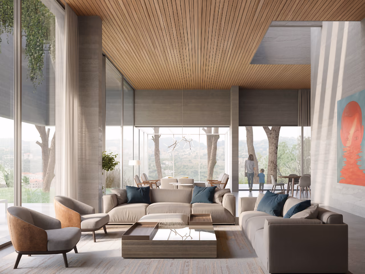 Living room of YM House in Deir el Qamar, wood-slatted ceiling and floor-to-ceiling glazing framing trees and hills, sectional sofas around a wooden coffee table