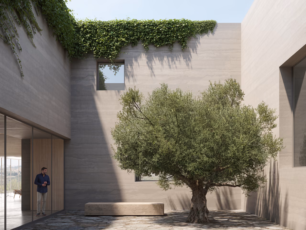 Interior courtyard of YM House in Deir el Qamar, a mature olive tree and stone bench beside stone-clad walls draped with climbing greenery