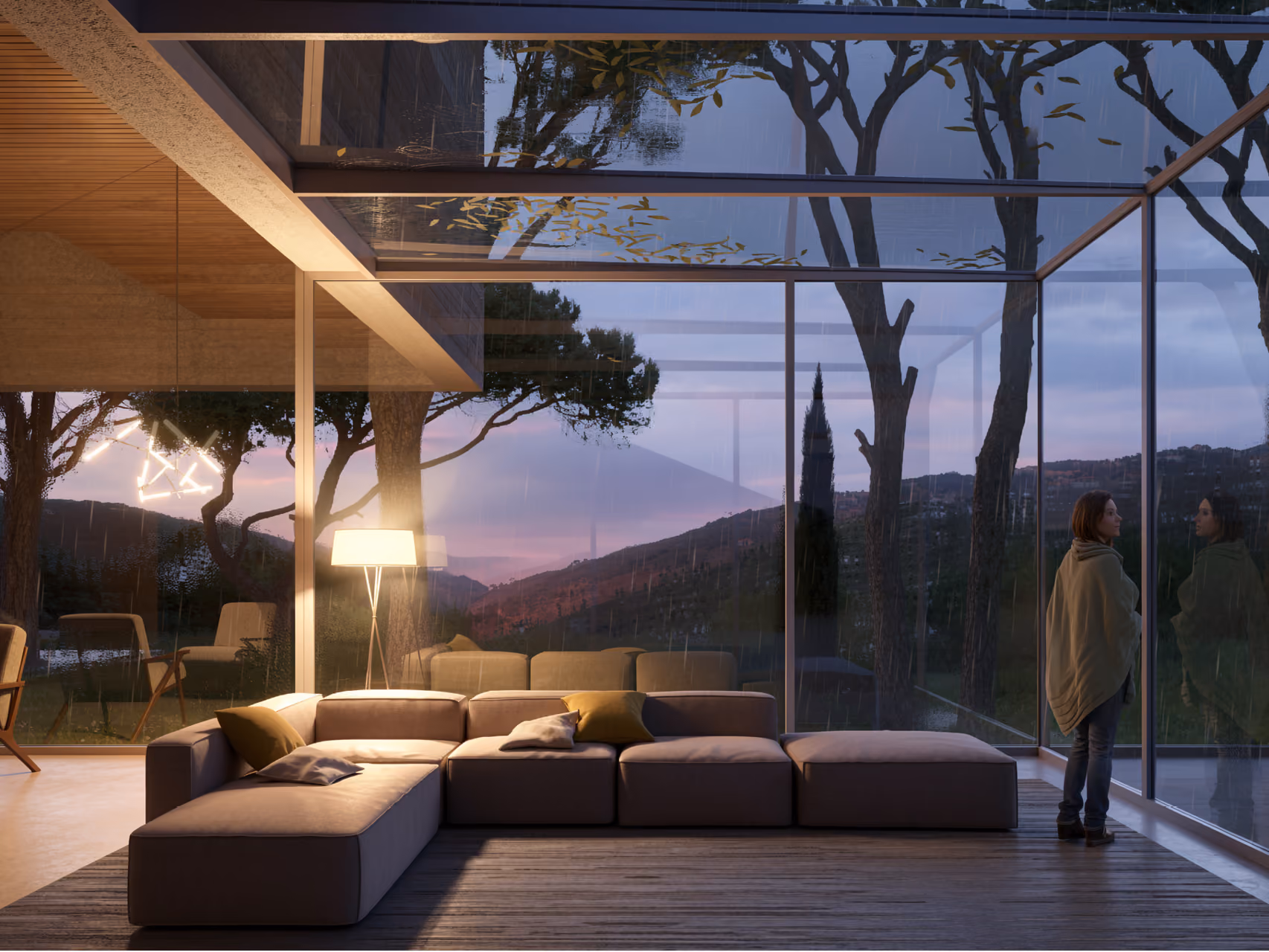 Living room of YM House in Deir el Qamar, floor-to-ceiling glass walls framing wooded hills at dusk, a figure watching the rain in soft interior light