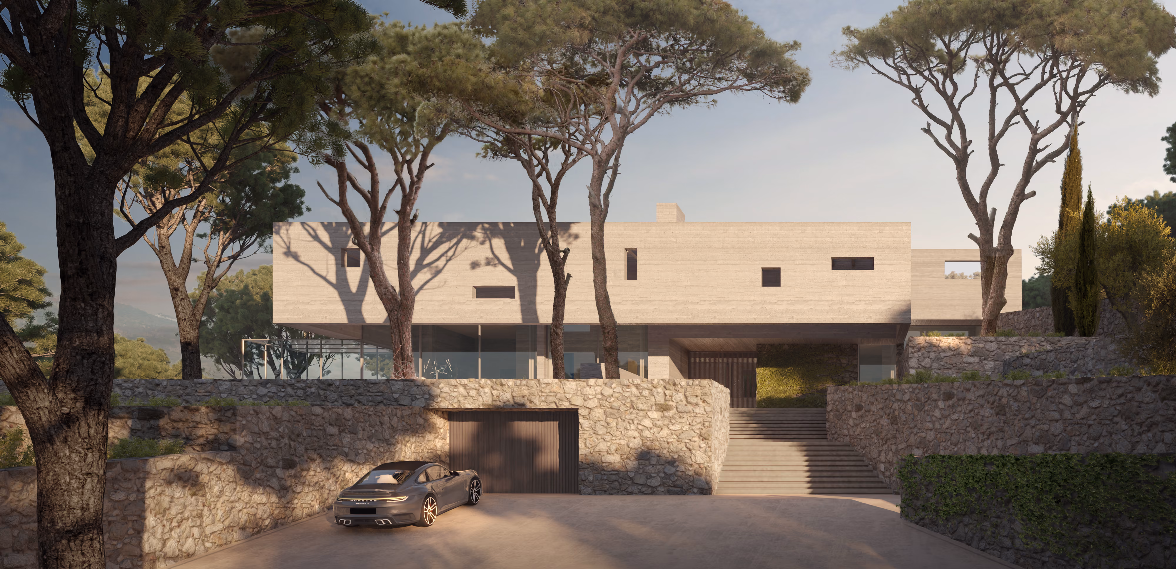 YM House by Nabil Gholam Architects, a stone and concrete residence nestled among pine trees in Deir el Qamar, Lebanon, with a stepped stone entrance driveway