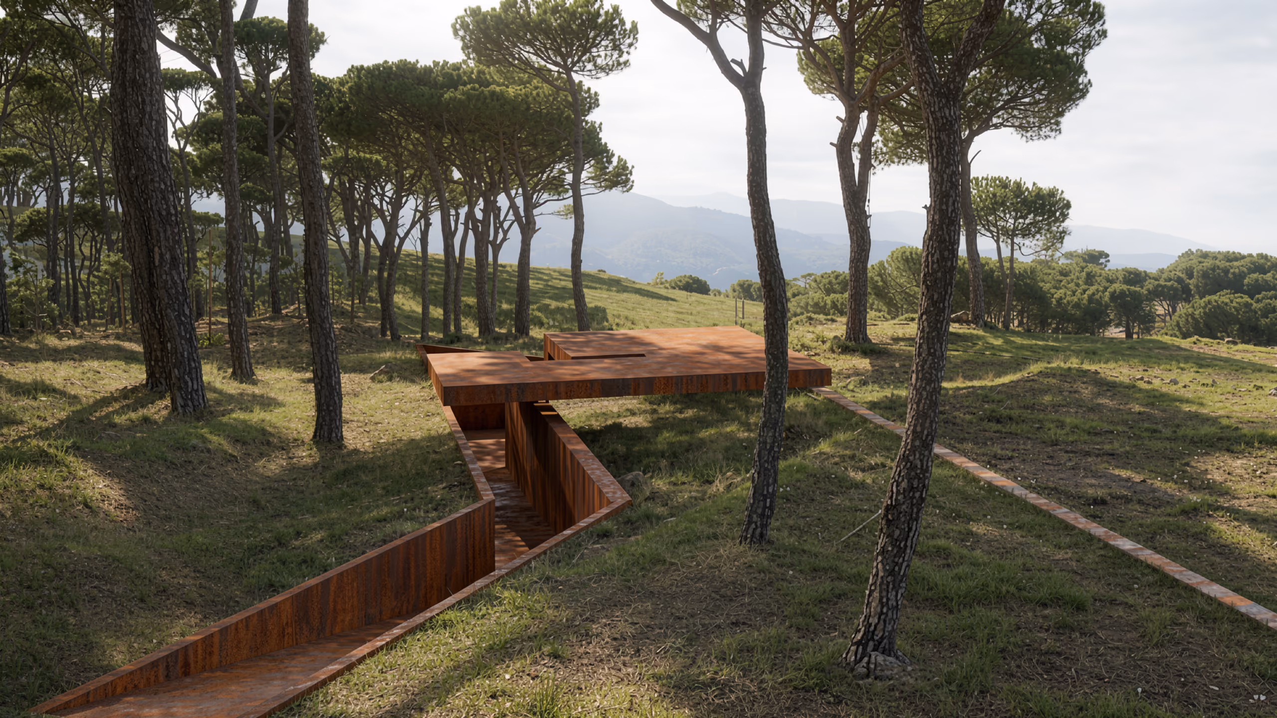 The Chapel at The House with Two Lives by Nabil Gholam Architects, a corten steel structure sunk into pine woodland in Bois de Boulogne, Lebanon, with a sunken walkway leading to it