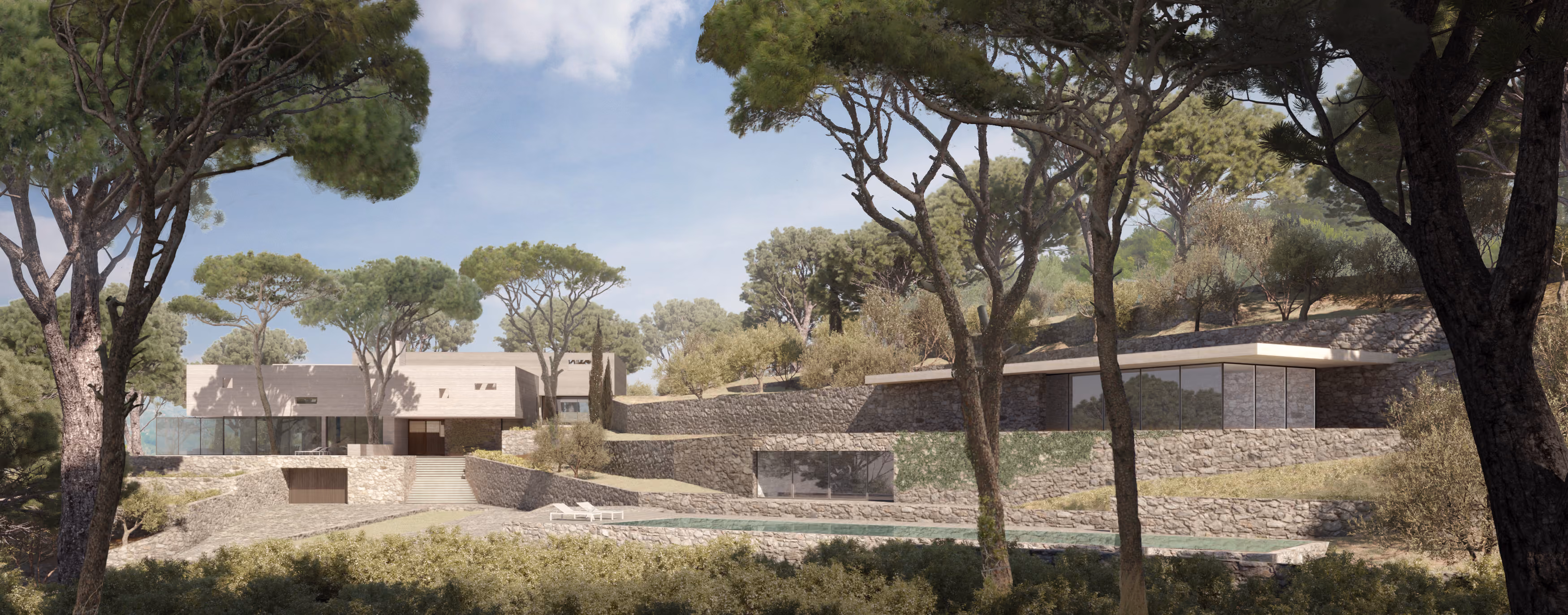 YM House in Deir el Qamar, low stone-clad volumes set into a pine-covered hillside with a pool terrace nestled among trees