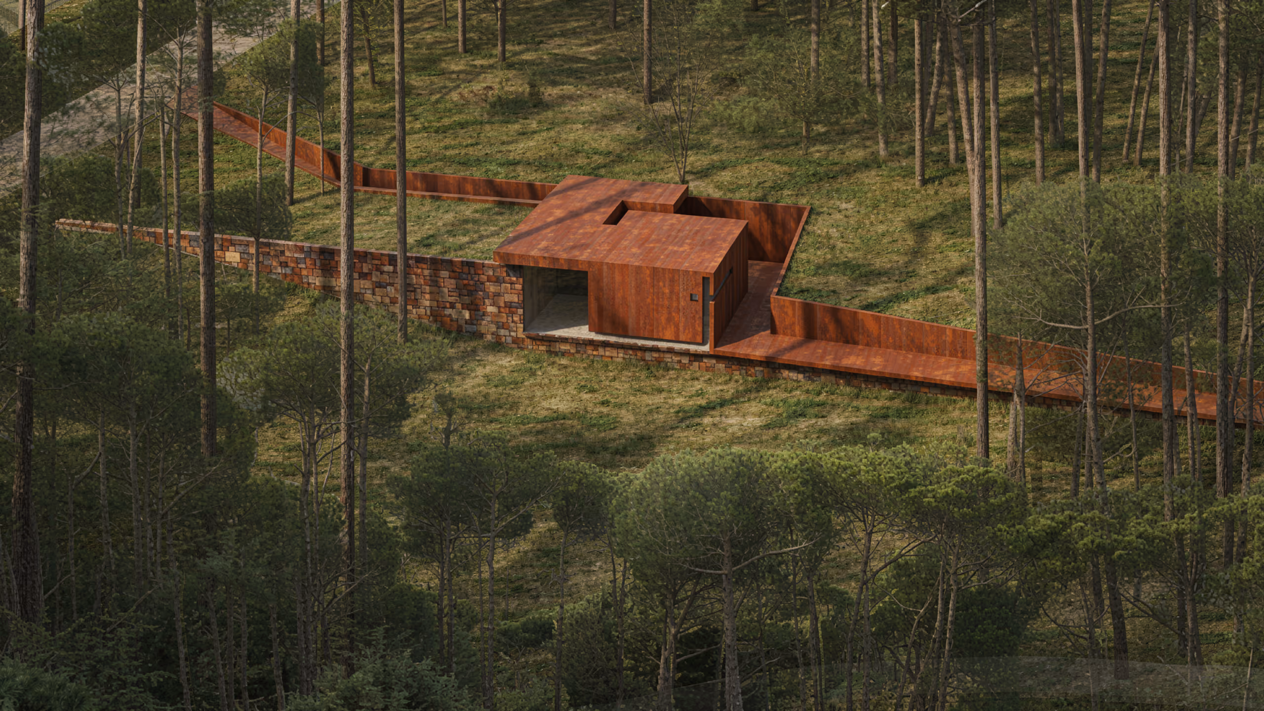 Aerial view of the memorial chapel at The House with Two Lives in Bois de Boulogne, Lebanon, its Corten steel roof and sunken stone walkway winding through a pine forest