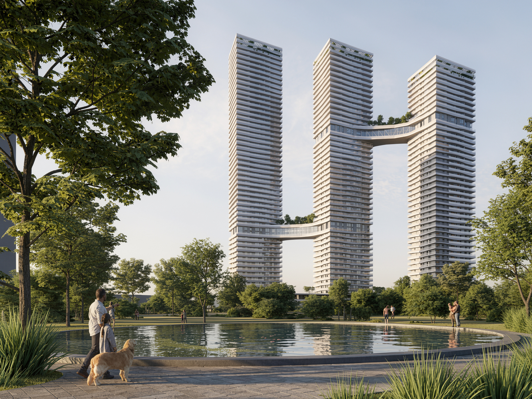 Trilliant in Dubai, three linked residential towers with sky-bridges, seen across a landscaped park with a reflecting pool and people strolling with a dog
