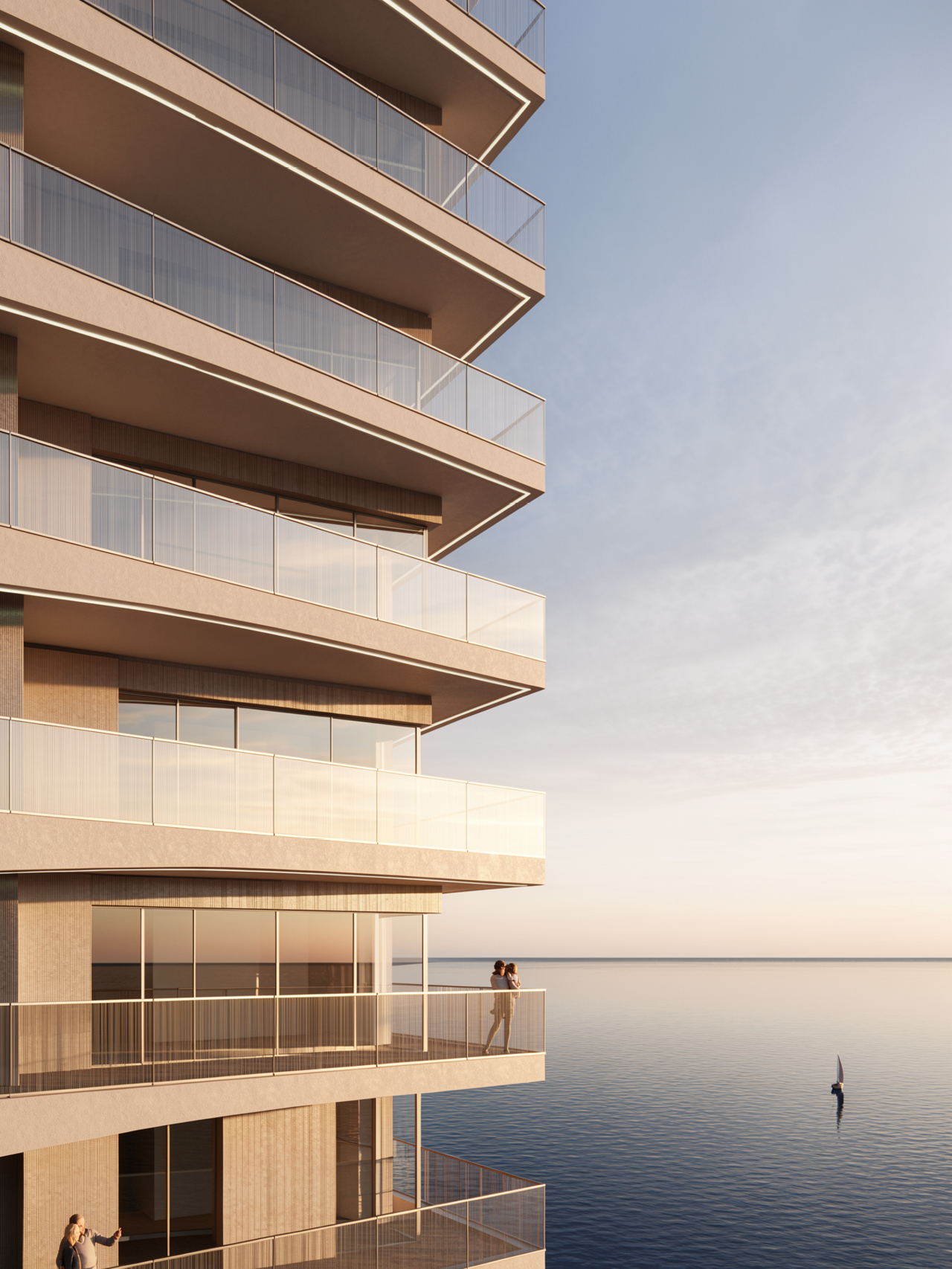 Facade detail of Trilliant in Dubai, layered stone-toned balconies with glass railings overlooking a calm sea and distant sailboat at dusk