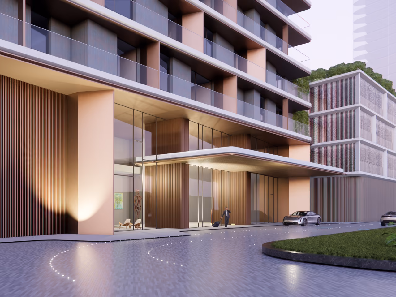 Ground-level entrance of Orise in Dubai, cantilevered canopy over a glazed lobby with timber-slat columns, curved driveway and a parked car