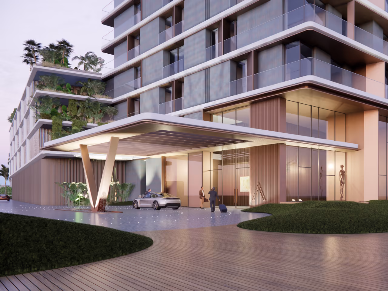 Entrance canopy of Orise in Dubai, angled V-shaped columns sheltering the drop-off, with planted terraces and glazed lobby facade at dusk