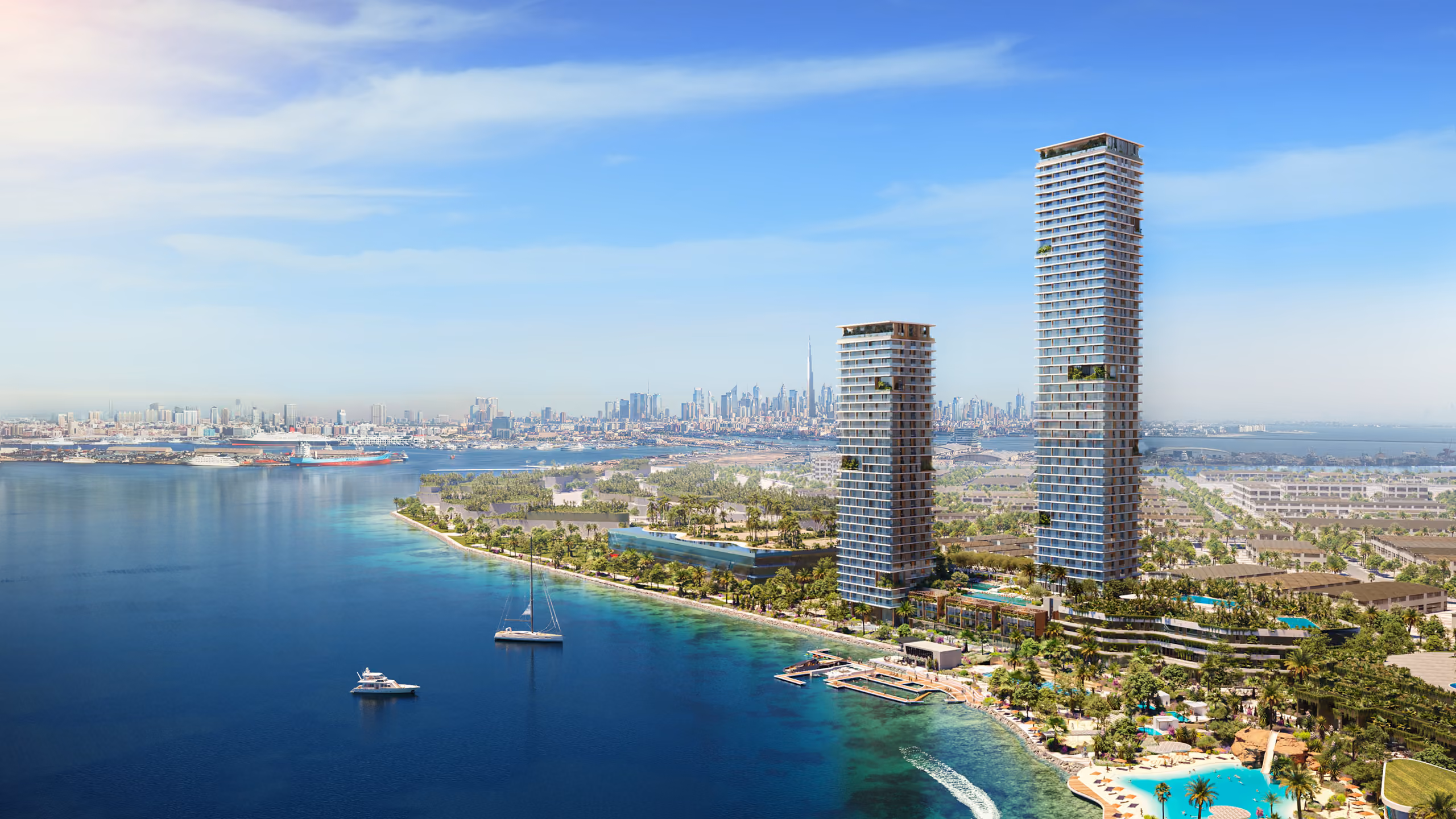 Orise, two slender high-rise towers by Nabil Gholam Architects on Dubai's waterfront, United Arab Emirates, with the city skyline and yachts in the distance