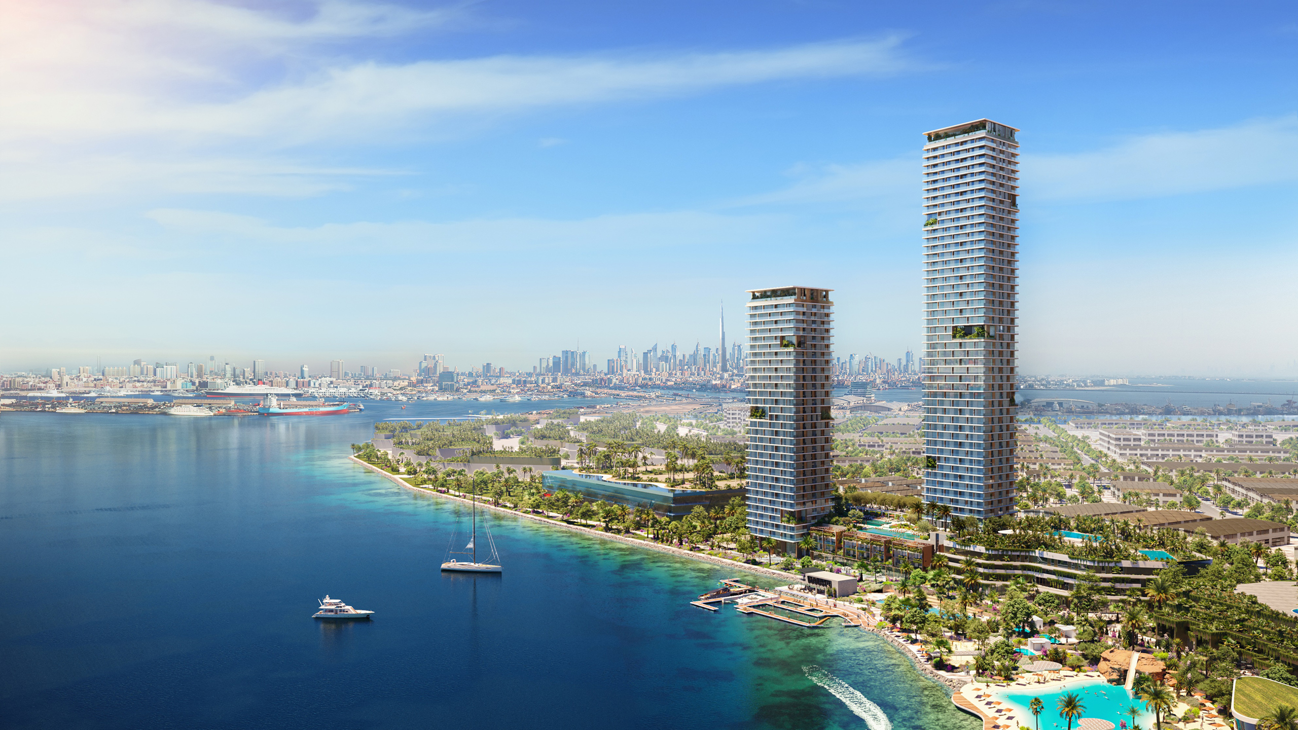 Orise, two slender high-rise towers by Nabil Gholam Architects on Dubai's waterfront, United Arab Emirates, with the city skyline and yachts in the distance