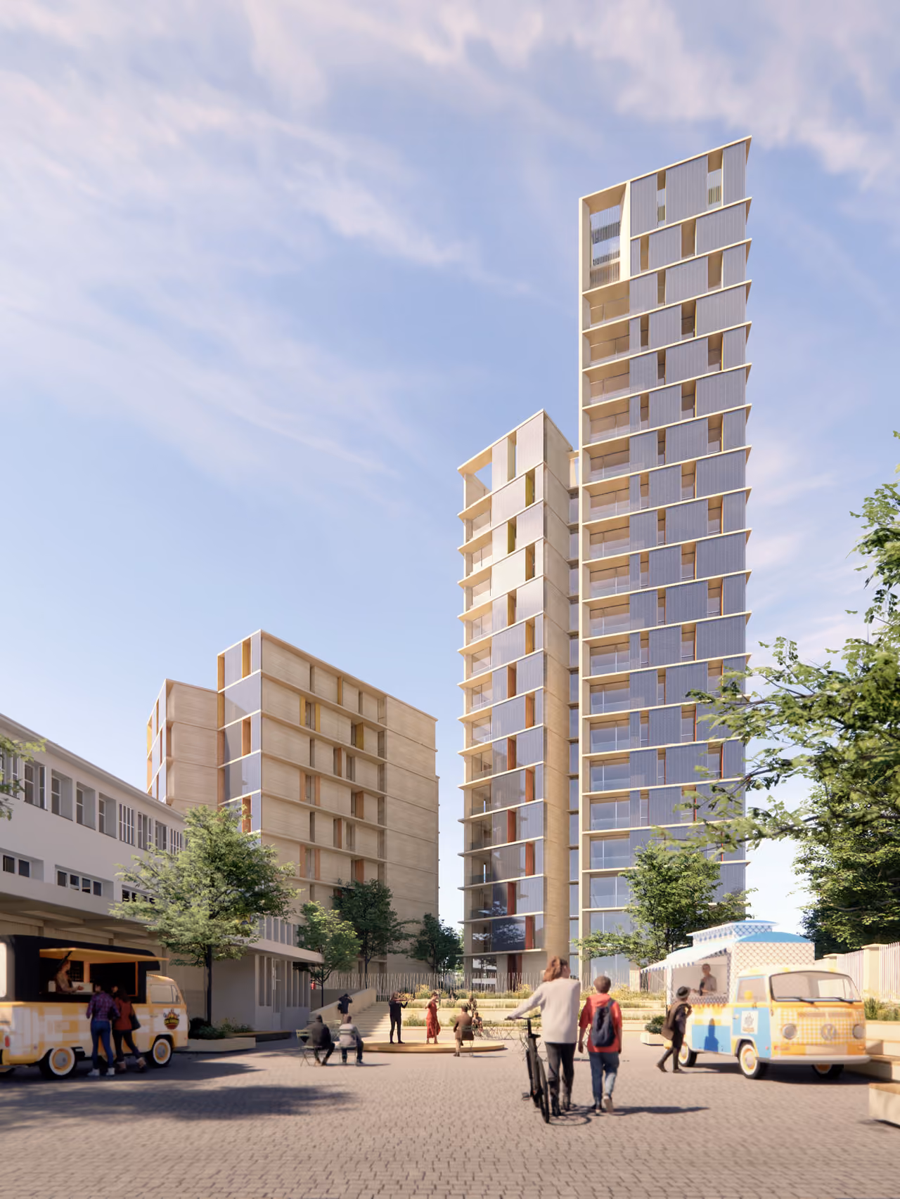Rendering of Tour de Nice in Nice, terraced high-rise towers with wood-toned balcony frames, a paved plaza with food trucks and pedestrians below