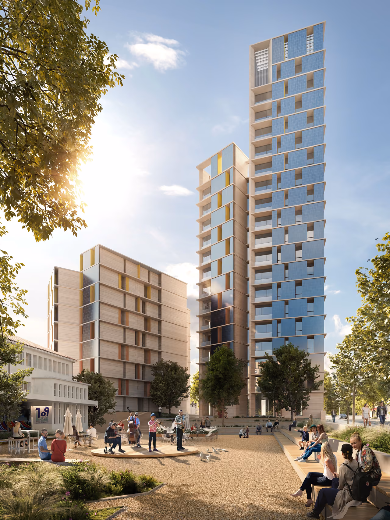 Tour de Nice rendering showing three staggered towers with blue and beige perforated facades, overlooking a landscaped plaza with people gathered below