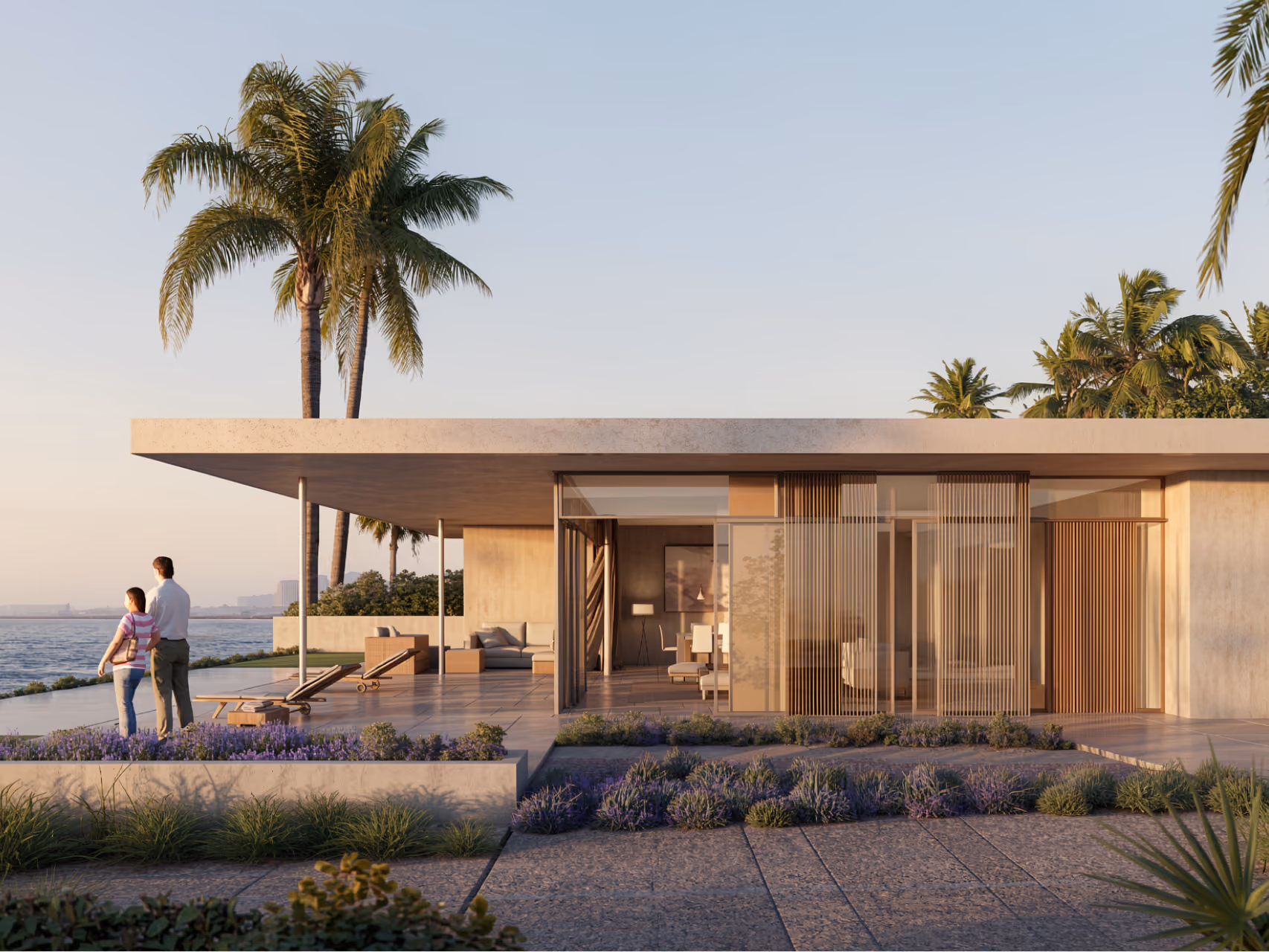 Waterfront villa at Al Zorah Shores in Ajman, flat cantilevered roof, timber-slatted sliding screens and lavender planting, with palm trees and a couple strolling by the shore