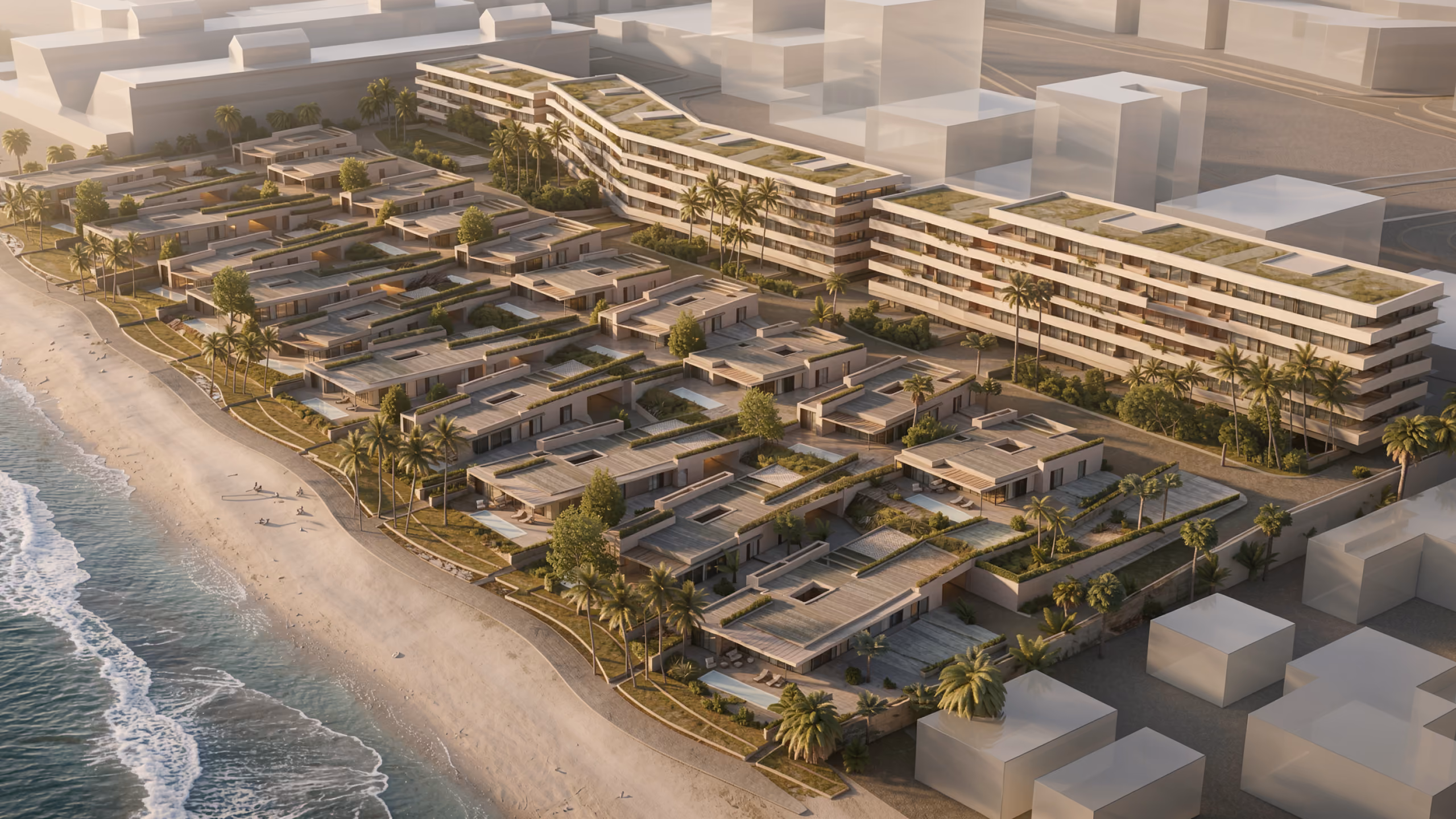 Al Zorah Shores, a beachfront residential development by Nabil Gholam Architects, with terraced low-rise villas and green-roofed apartment blocks along the shore in Ajman, United Arab Emirates