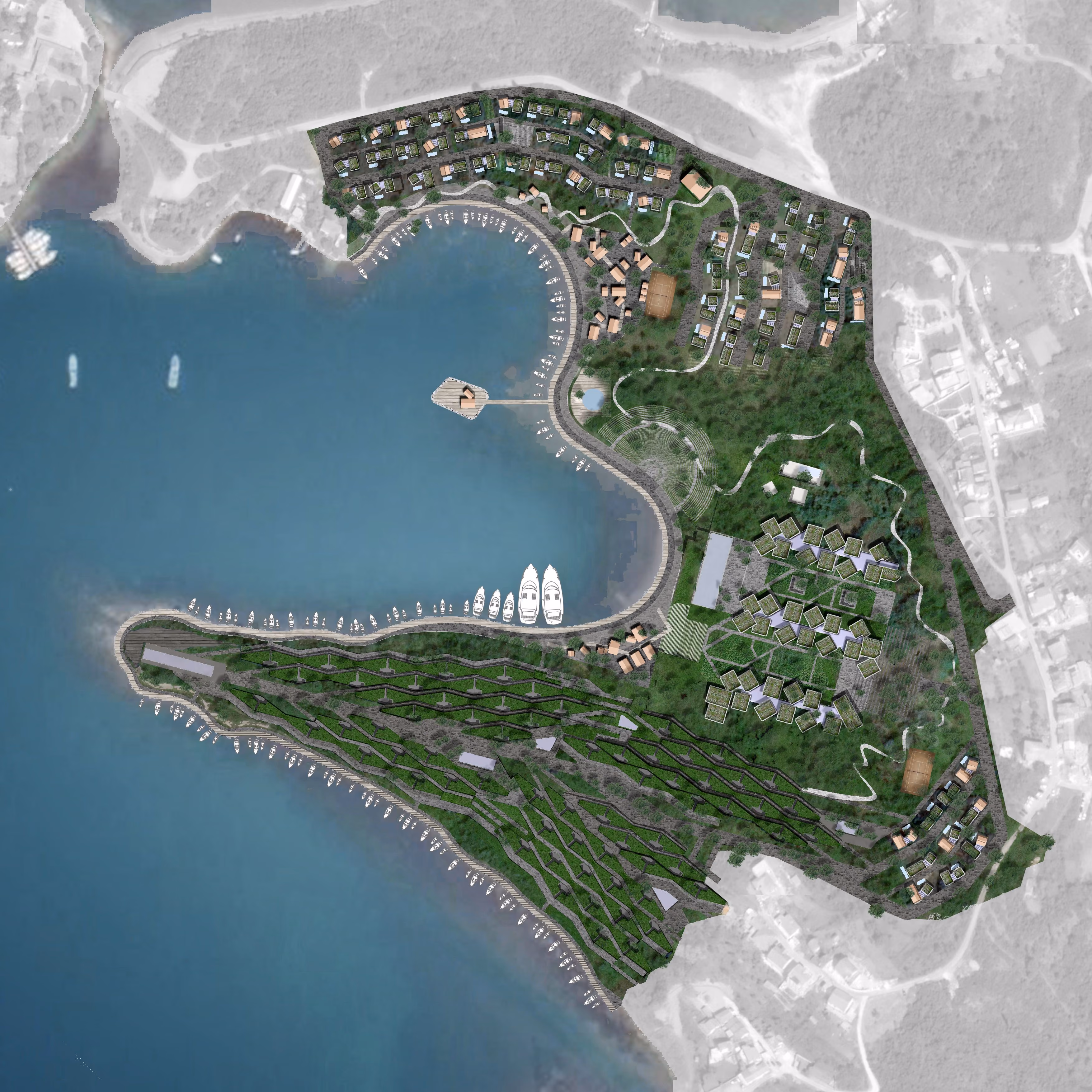 Aerial masterplan of Tivat Hotel and Beach Resort in Montenegro, showing curved marina, scattered villas, terraced greenery and a peninsula lined with moored boats