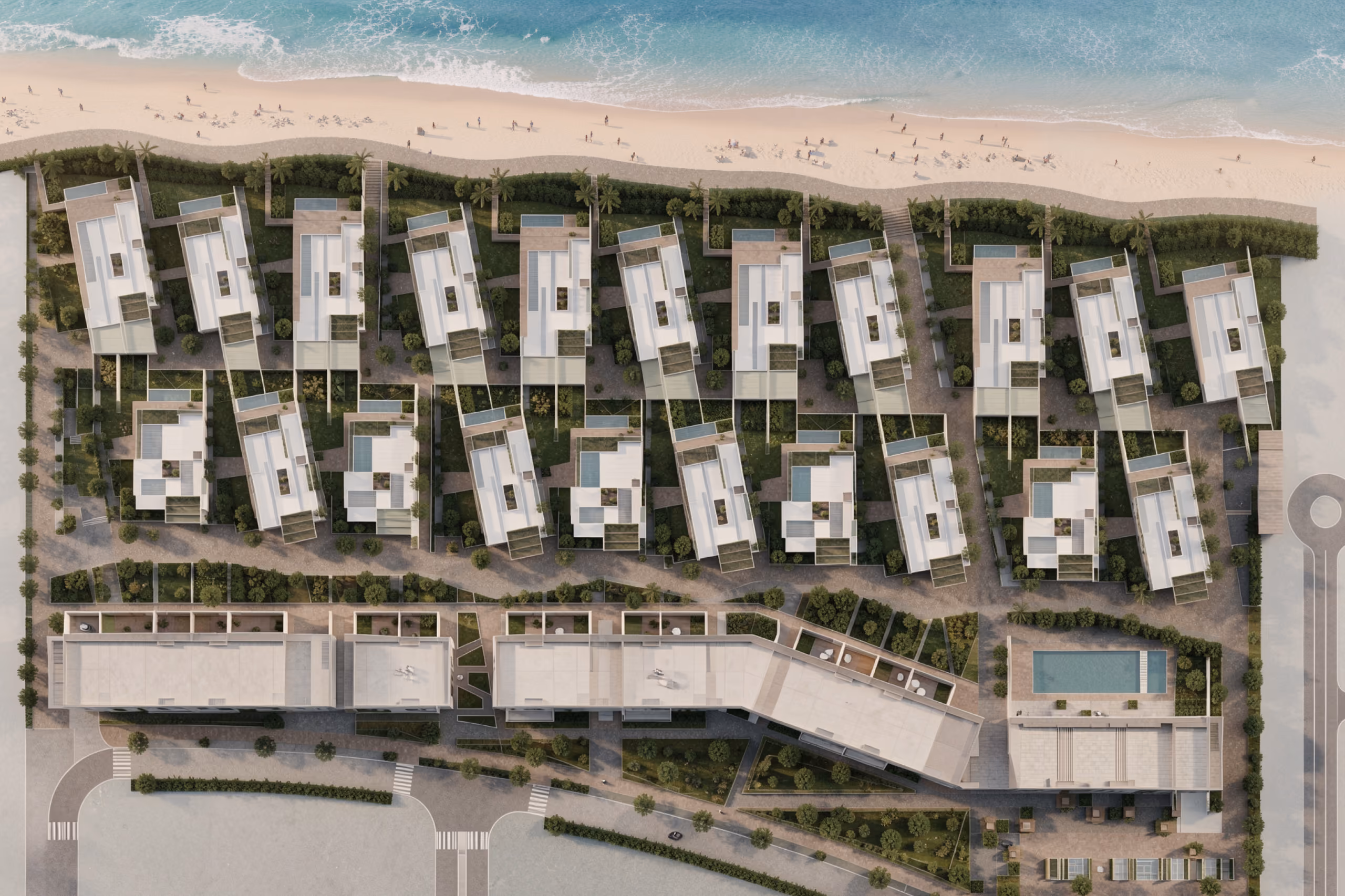 Aerial view of Al Zorah Shores in Ajman, rows of angled villas with private pools stepping toward the beach, alongside a communal pool and low-rise buildings