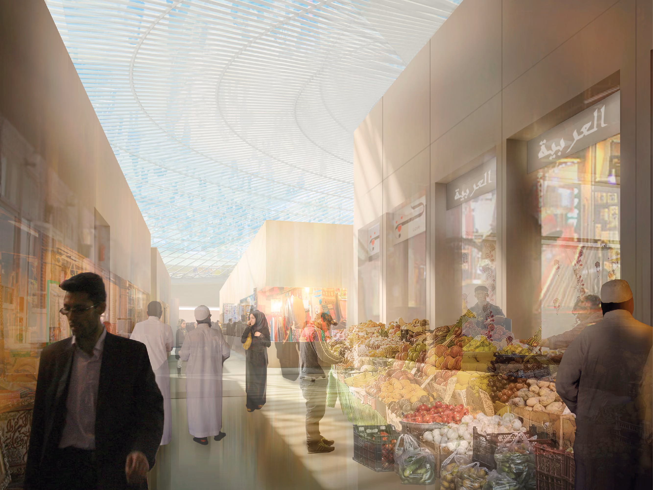 Covered souk-style market at Seafront Entertainment Center in Al Khobar, shoppers browsing fruit stalls beneath a rippled translucent canopy