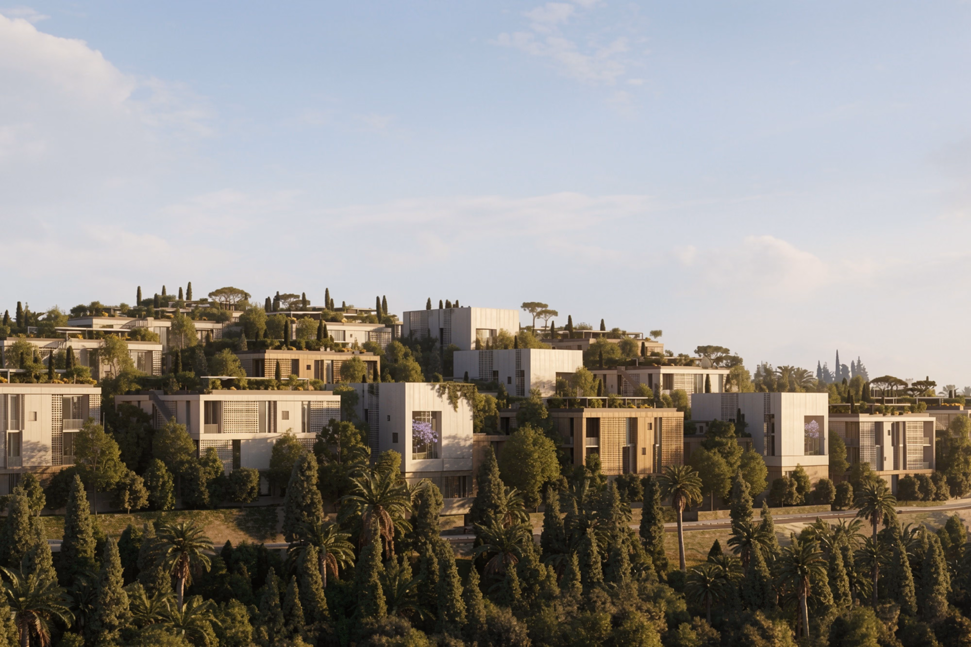Bramieh Village 1 & 2 by Nabil Gholam Architects, terraced hillside residences with roof gardens amid pine and palm trees above Bramieh, Lebanon