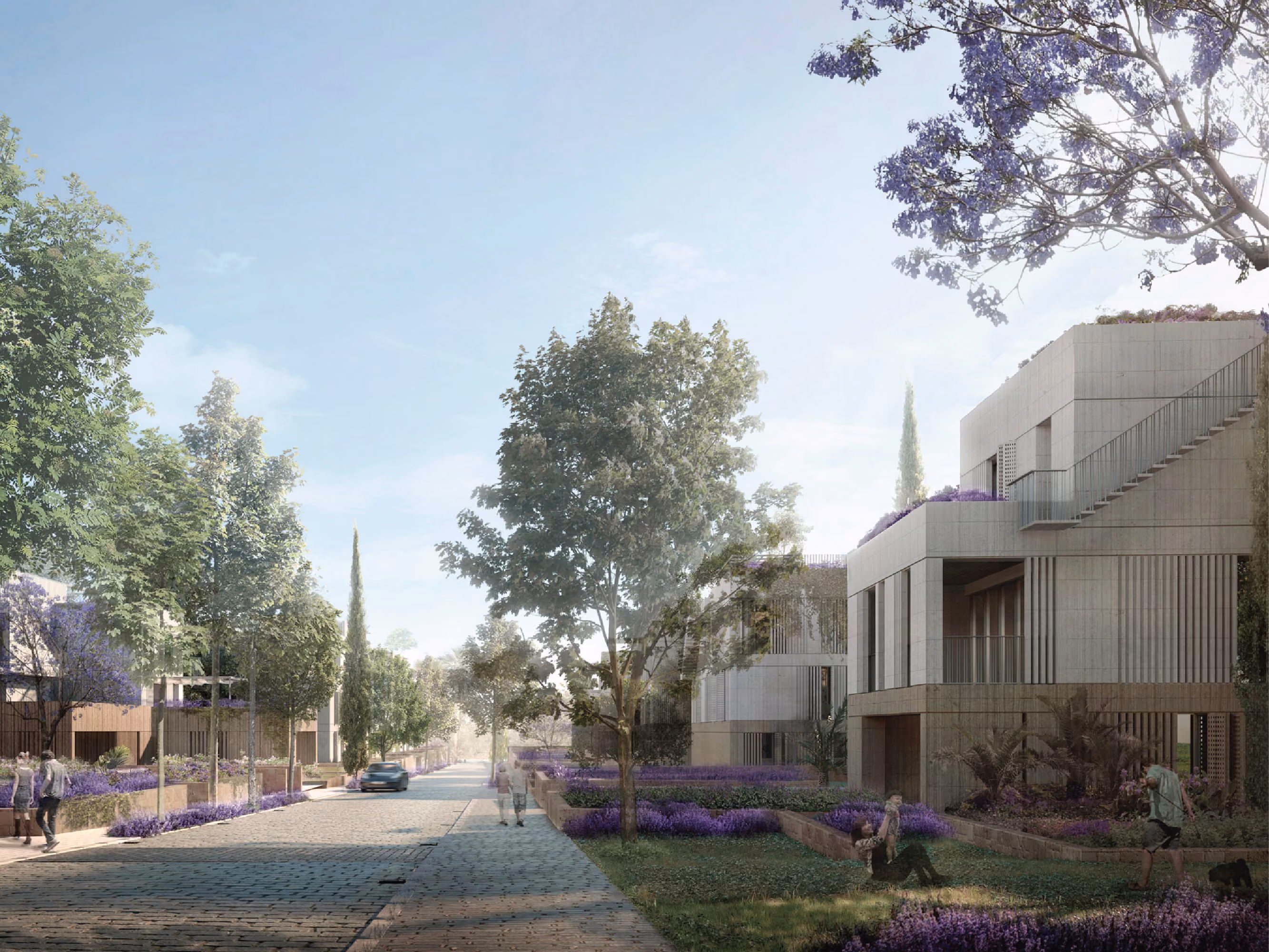 Tree-lined street through Bramieh Village in Bramieh, low stone residences with terraced roof gardens and purple-flowering shrubs along pedestrian paths