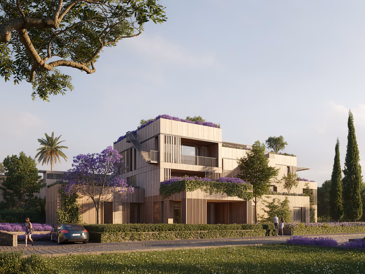 Timber-clad residence at Bramieh Village in Bramieh, with stepped terraces, planted roof gardens and jacaranda trees framing the entrance drive